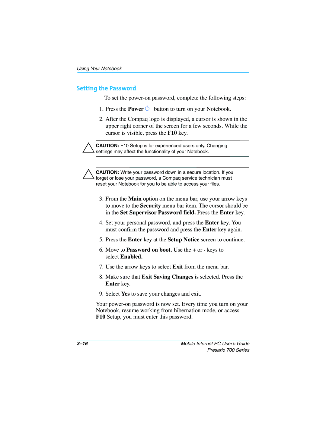 Compaq 700 Series manual Setting the Password 