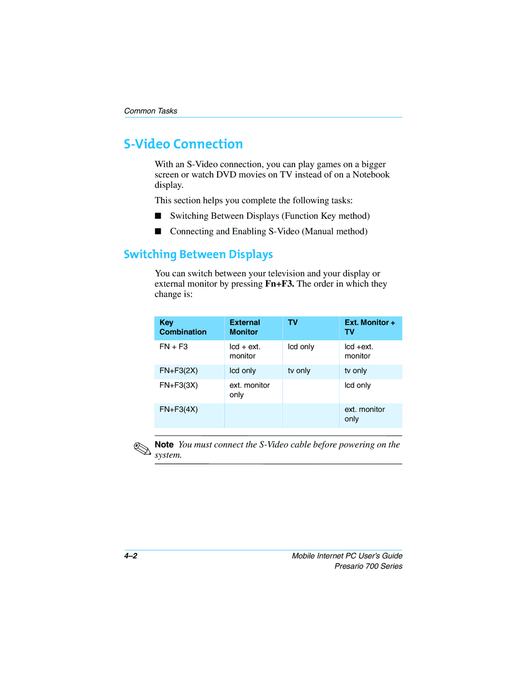 Compaq 700 Series manual Video Connection, Switching Between Displays, Key External Ext. Monitor + Combination 