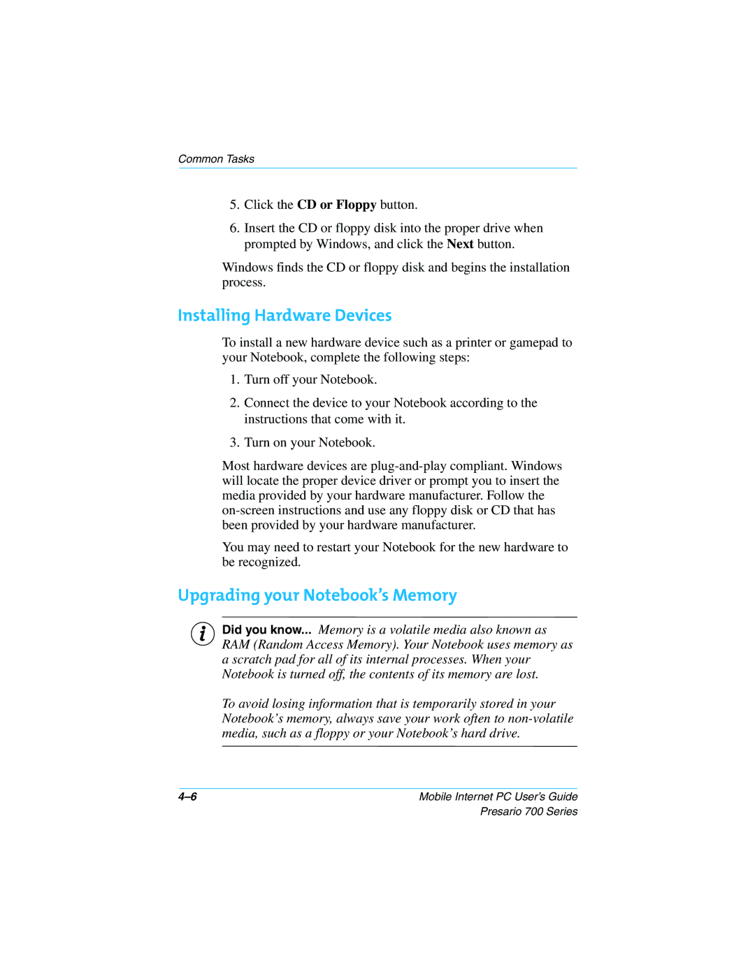 Compaq 700 Series manual Installing Hardware Devices, Upgrading your Notebook’s Memory 