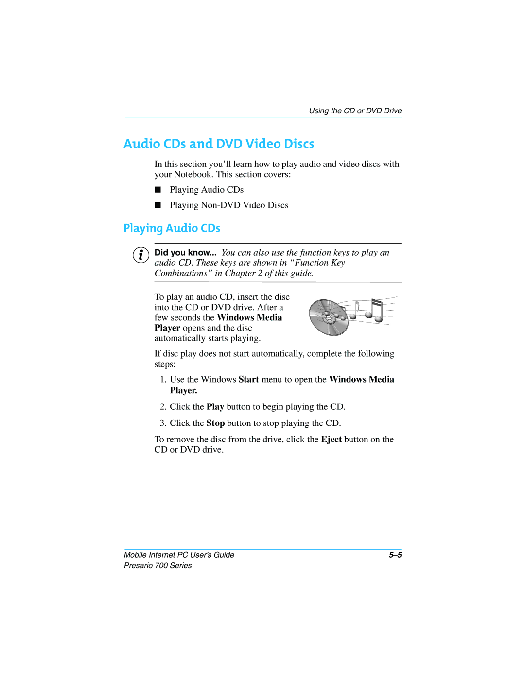 Compaq 700 Series manual Audio CDs and DVD Video Discs, Playing Audio CDs 