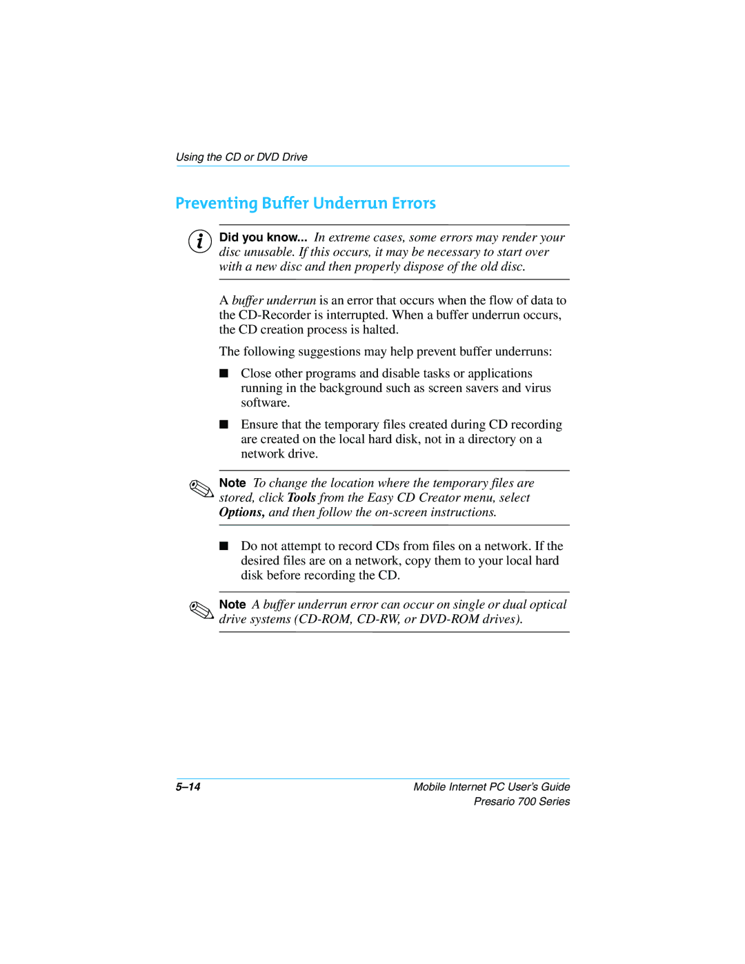 Compaq 700 Series manual Preventing Buffer Underrun Errors 