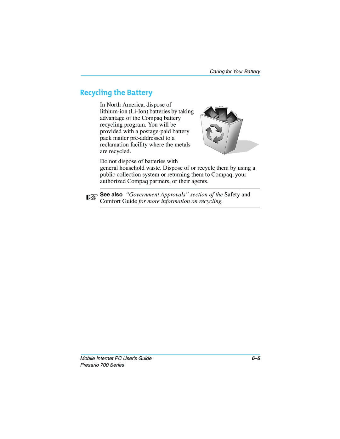 Compaq 700 Series manual Recycling the Battery 