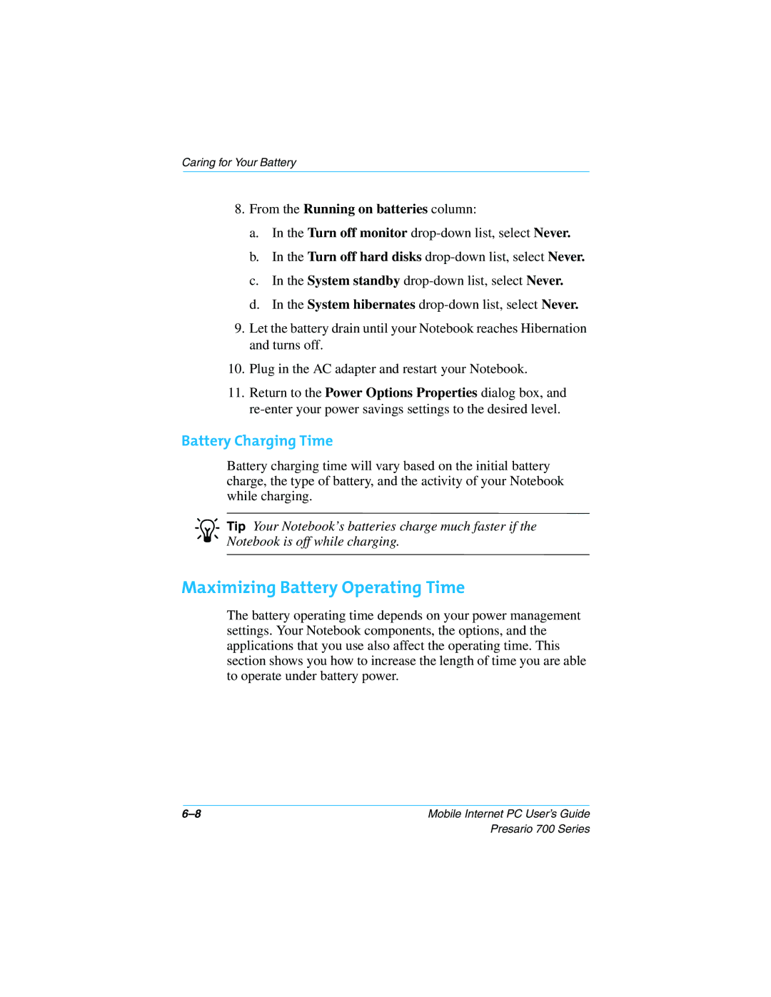 Compaq 700 Series manual Maximizing Battery Operating Time, Battery Charging Time 