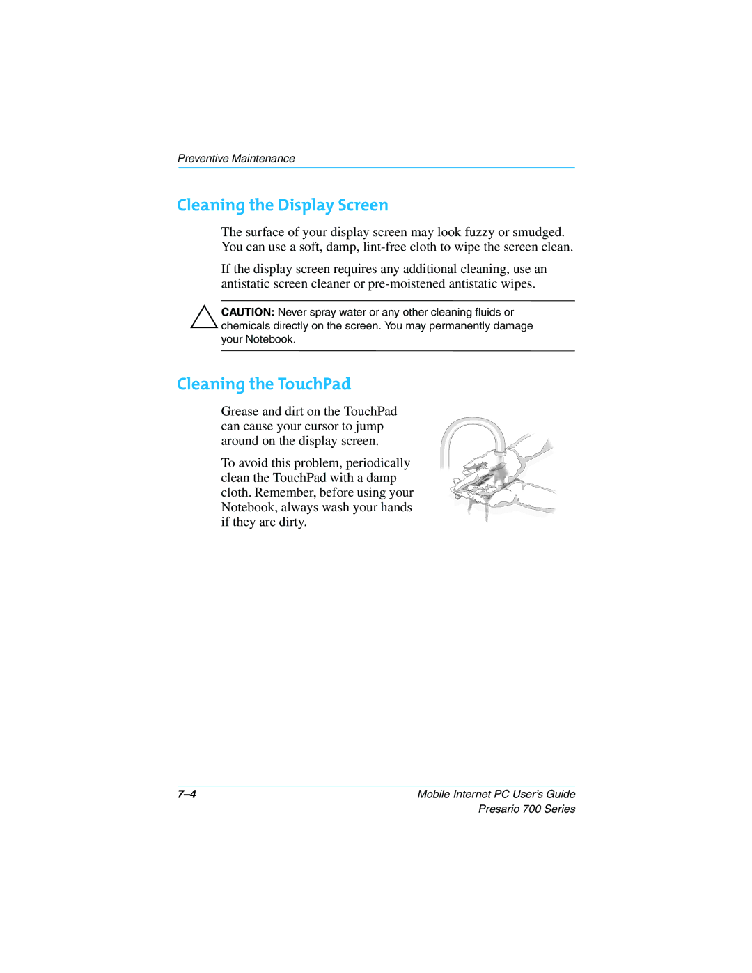 Compaq 700 Series manual Cleaning the Display Screen, Cleaning the TouchPad 