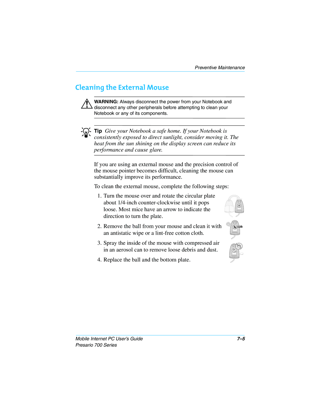 Compaq 700 Series manual Cleaning the External Mouse 
