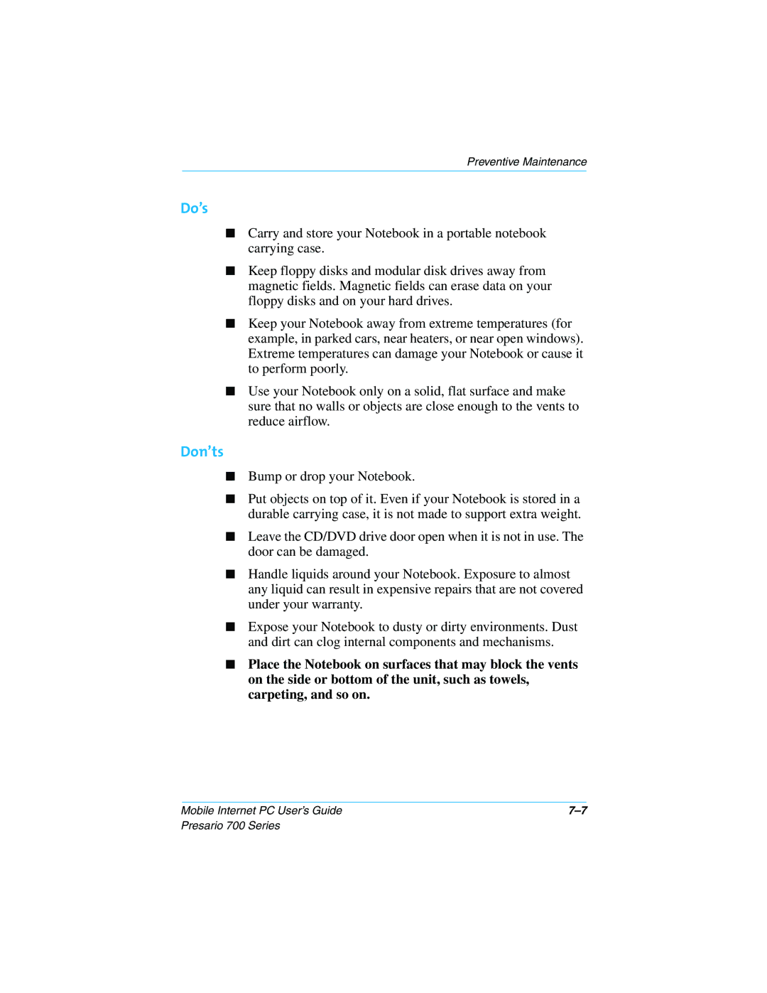 Compaq 700 Series manual Do’s 