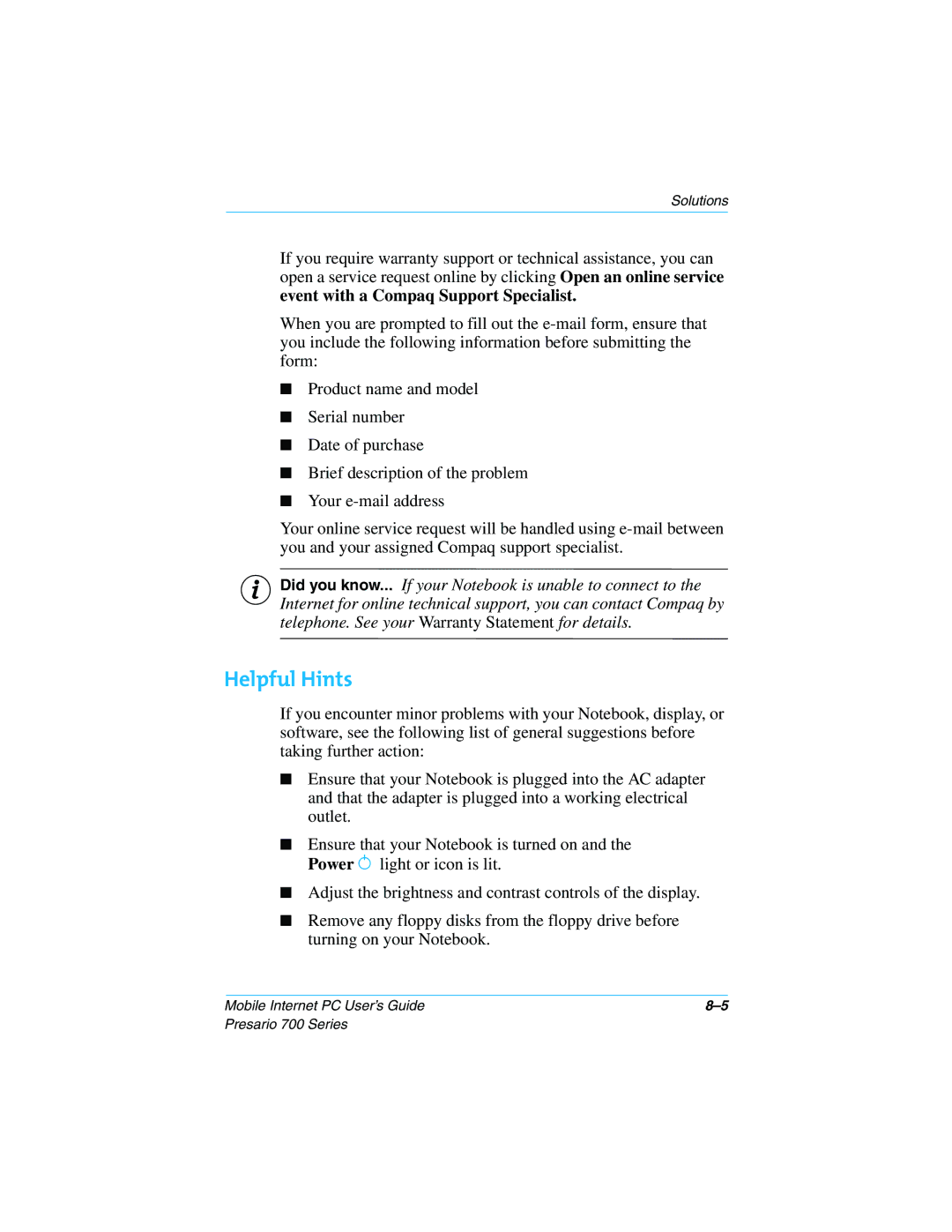 Compaq 700 Series manual Helpful Hints 