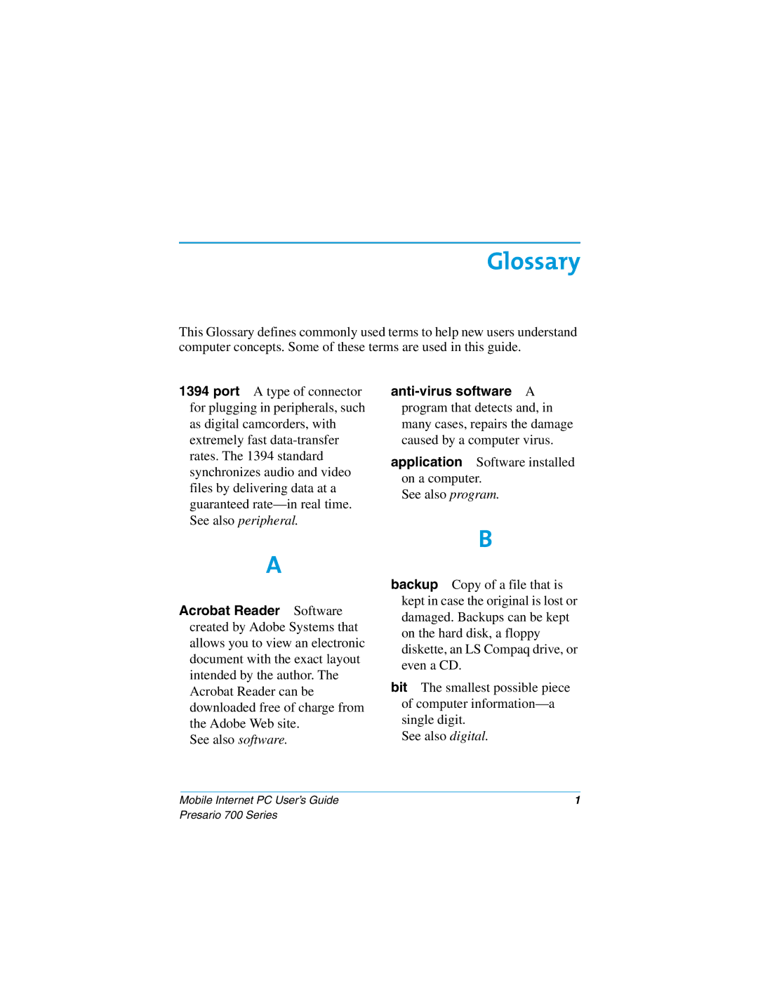 Compaq 700 manual Glossary 