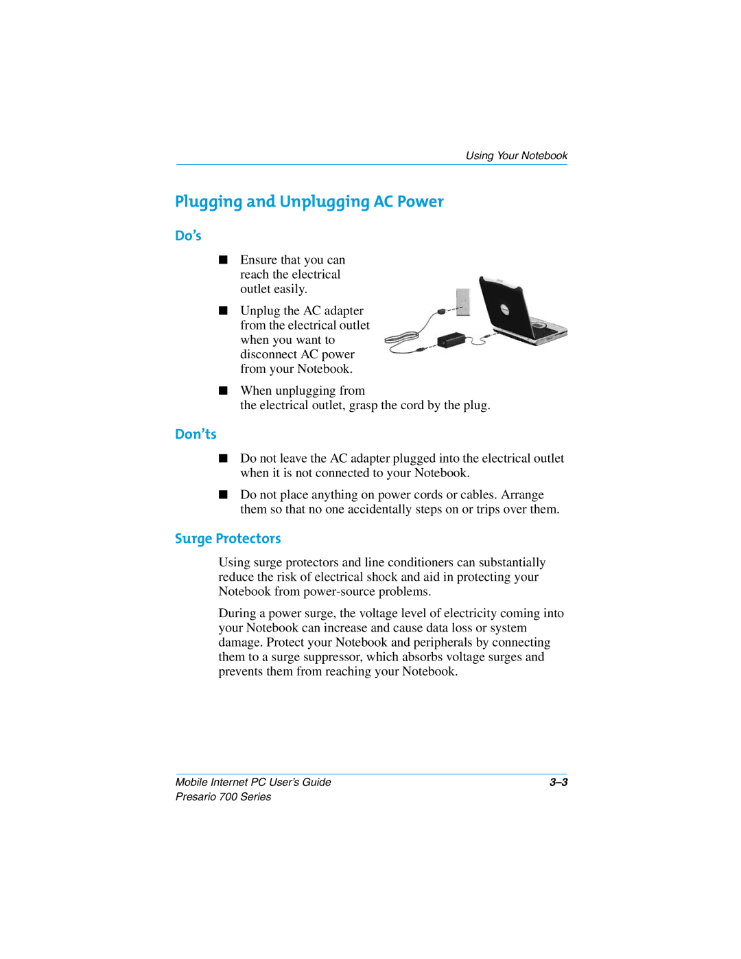 Compaq 700 manual Plugging and Unplugging AC Power, Do’s, Don’ts, Surge Protectors 