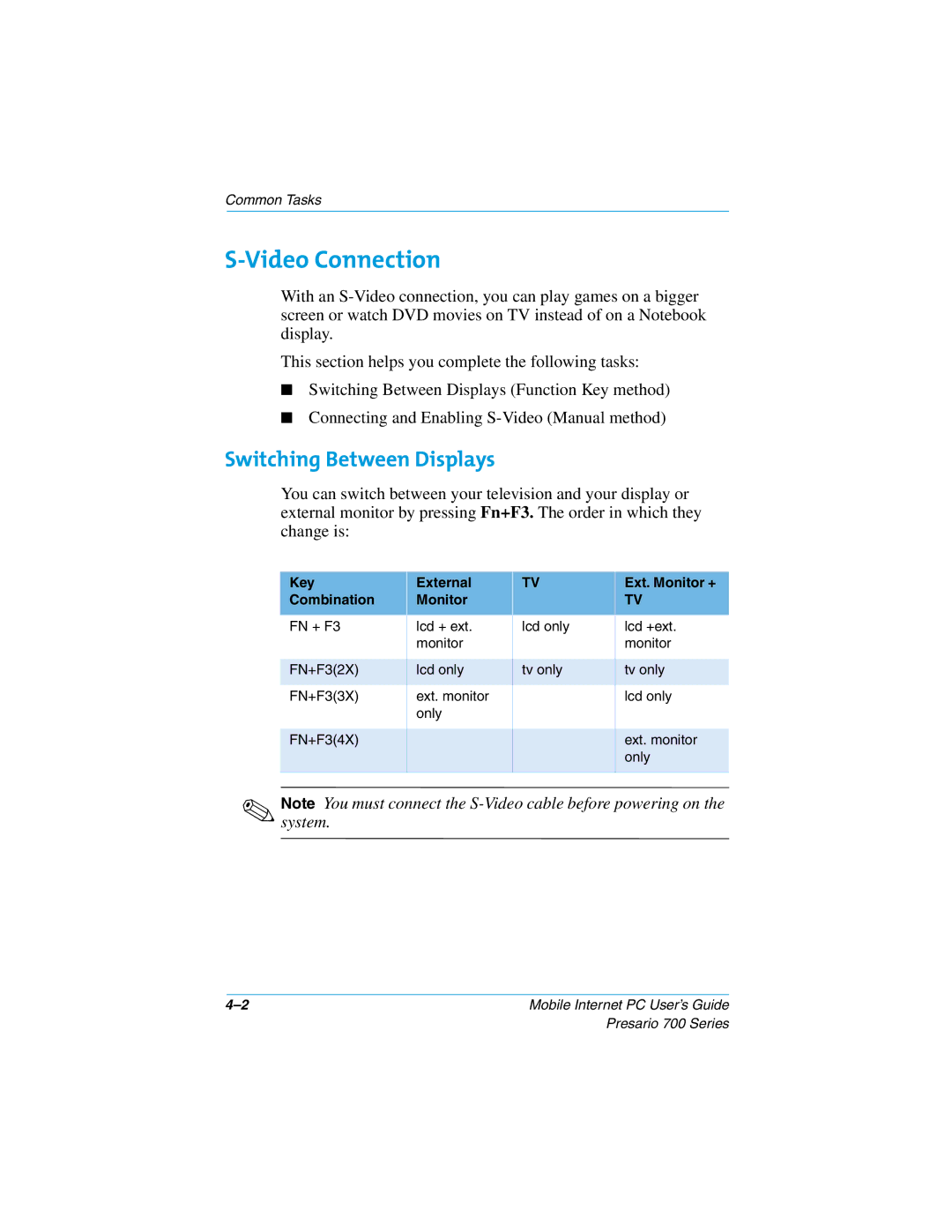 Compaq 700 manual Video Connection, Switching Between Displays, Key External Ext. Monitor + Combination 