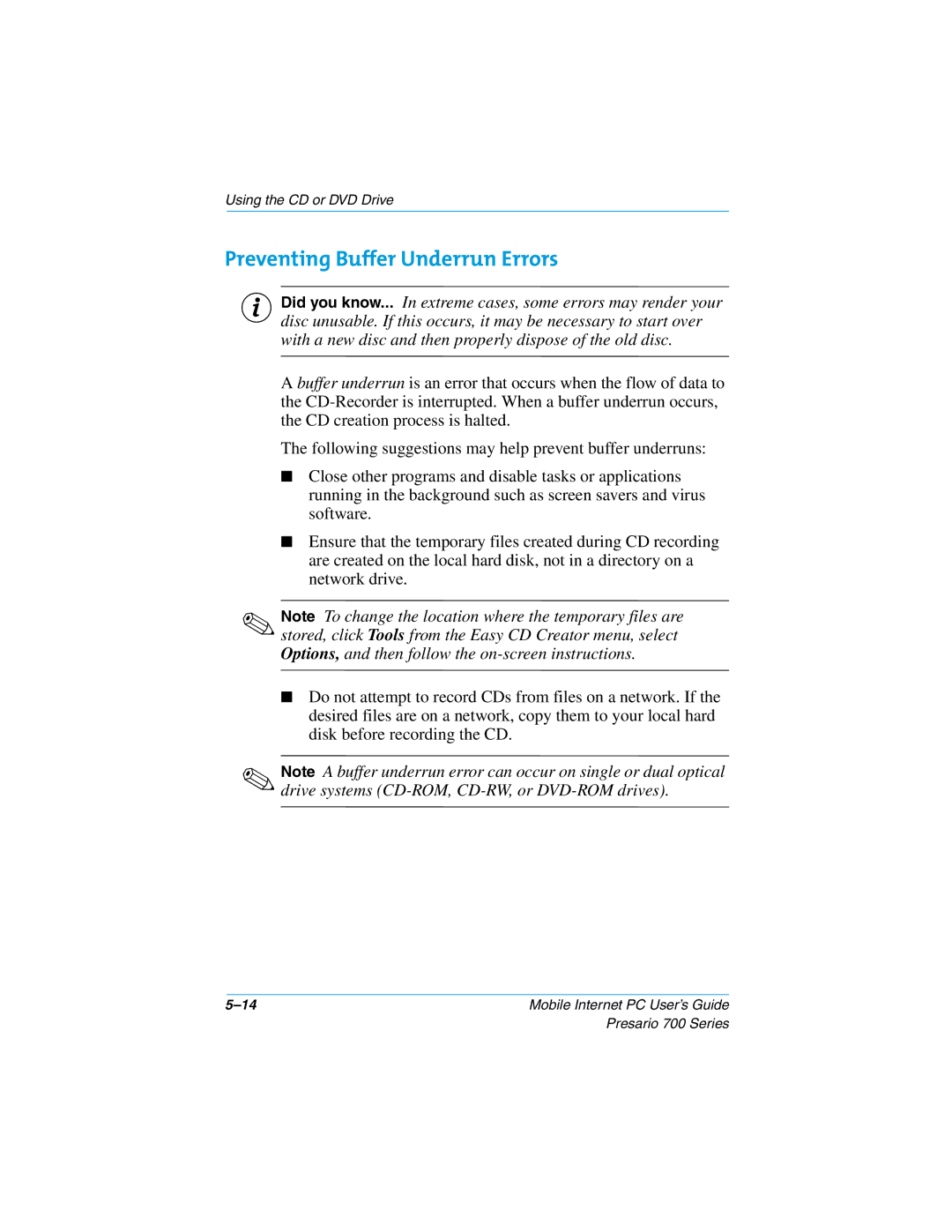 Compaq 700 manual Preventing Buffer Underrun Errors 