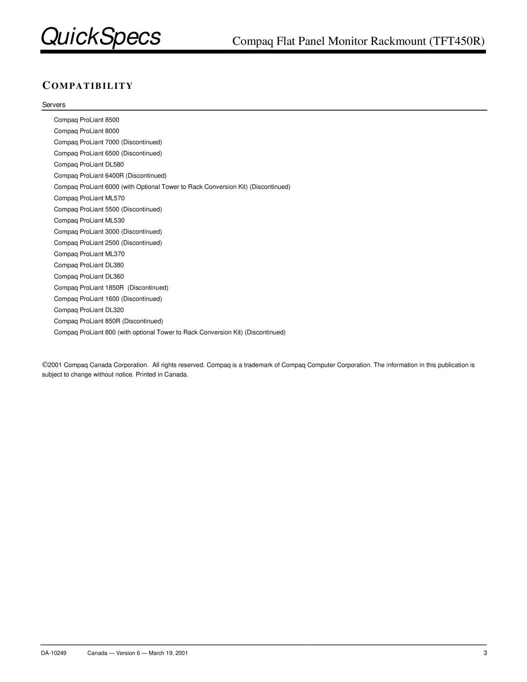 Compaq 2500, 7000, 8000, 1850R, ML530, ML570, 8500, 6000, 1600, 6400R manual Compatibility, Servers 