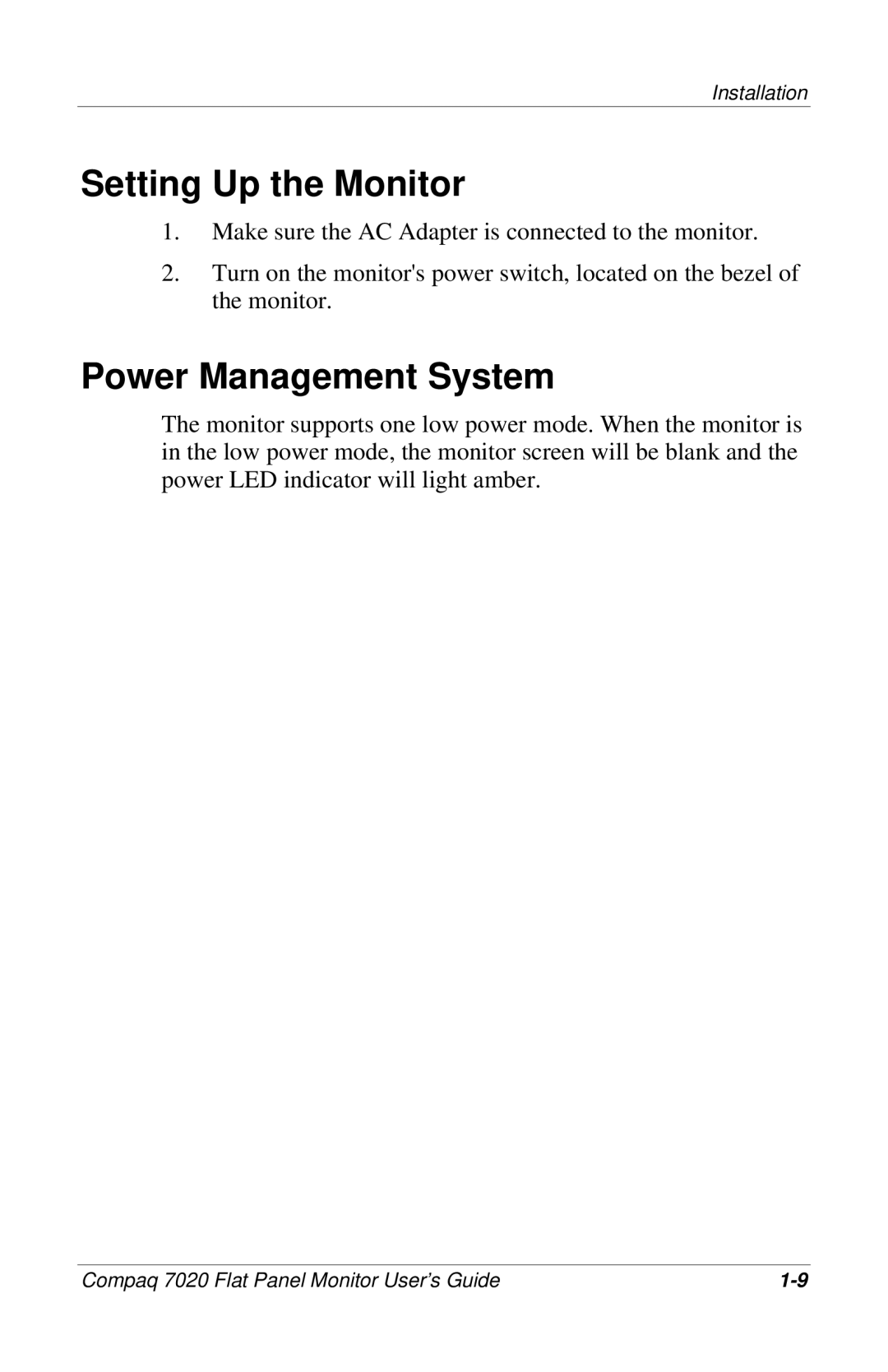 Compaq 7020 manual Setting Up the Monitor, Power Management System 