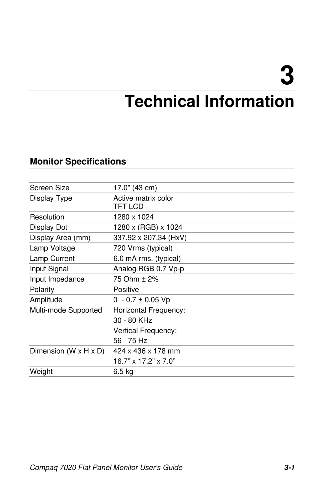 Compaq 7020 manual Technical Information, Monitor Specifications 