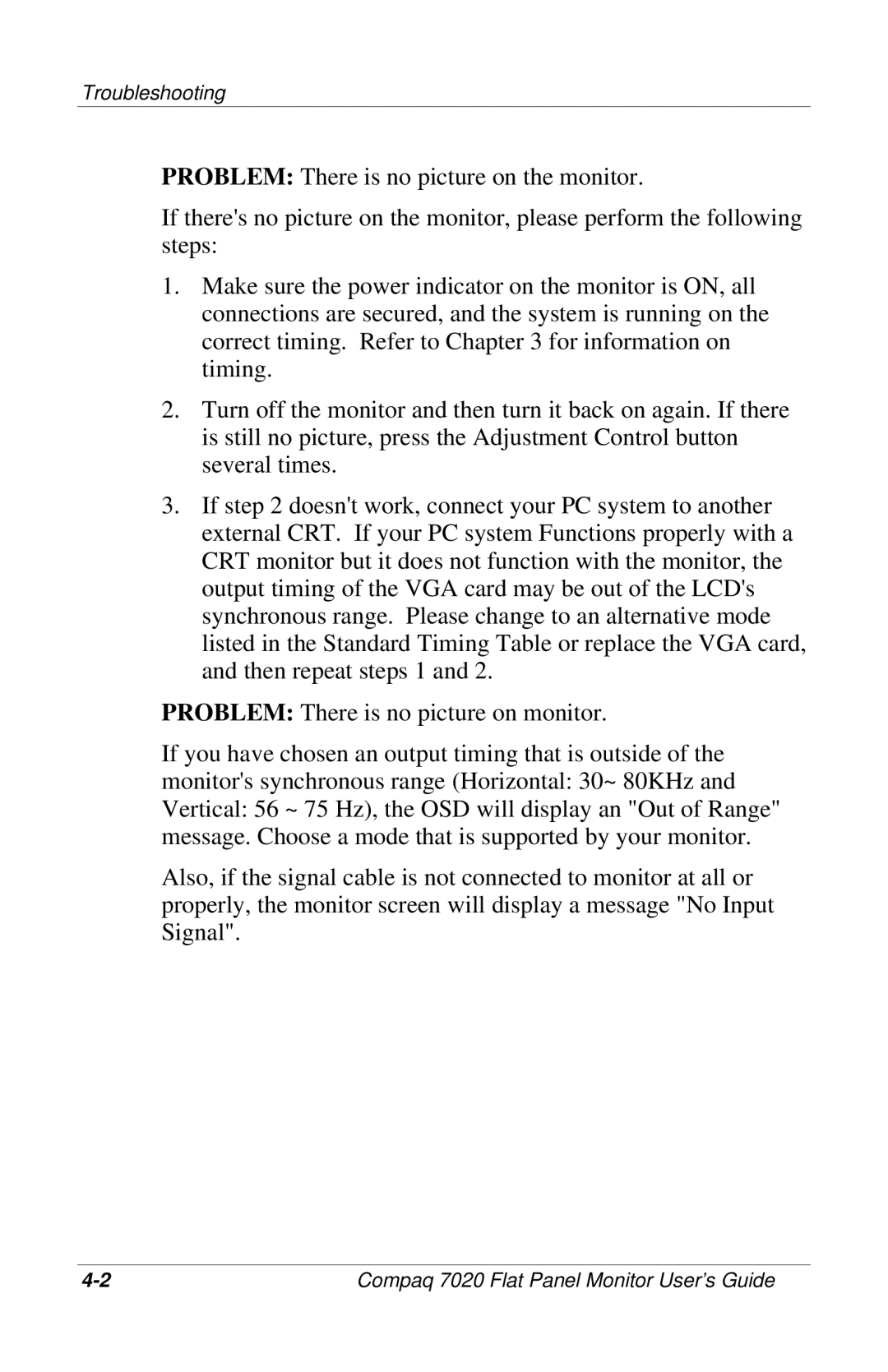 Compaq 7020 manual Troubleshooting 