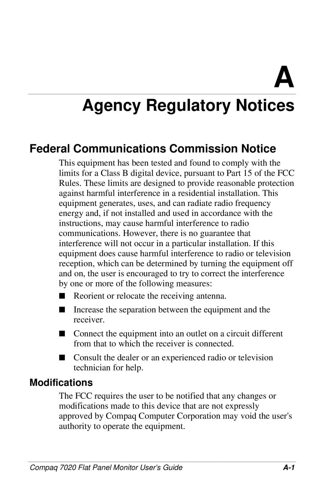 Compaq 7020 manual Agency Regulatory Notices, Federal Communications Commission Notice 