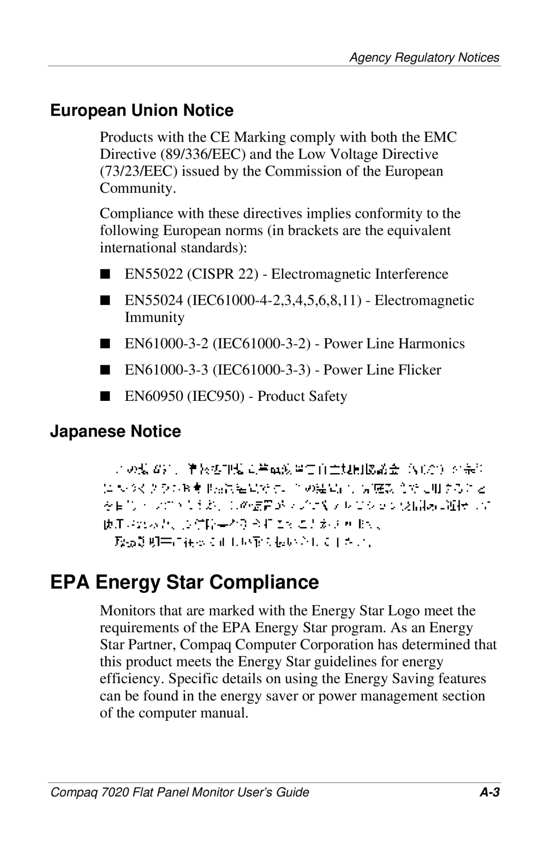 Compaq 7020 manual EPA Energy Star Compliance, European Union Notice 