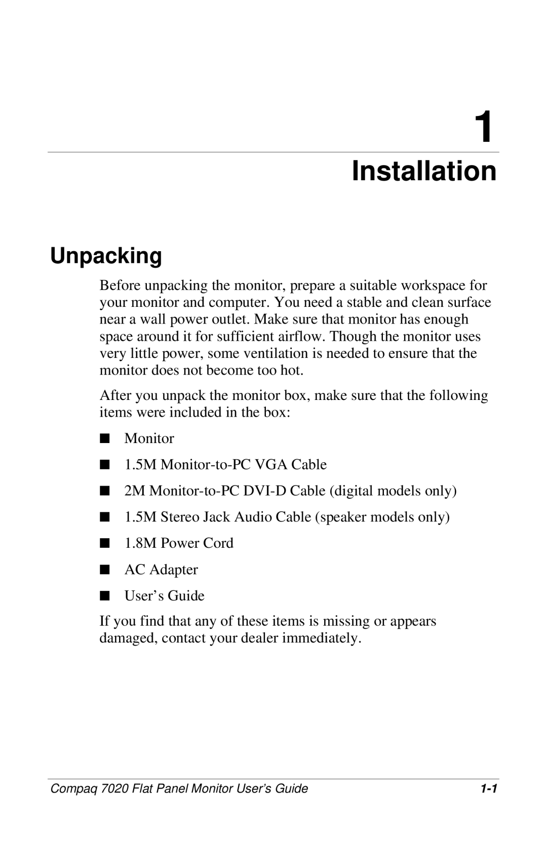 Compaq 7020 manual Installation, Unpacking 