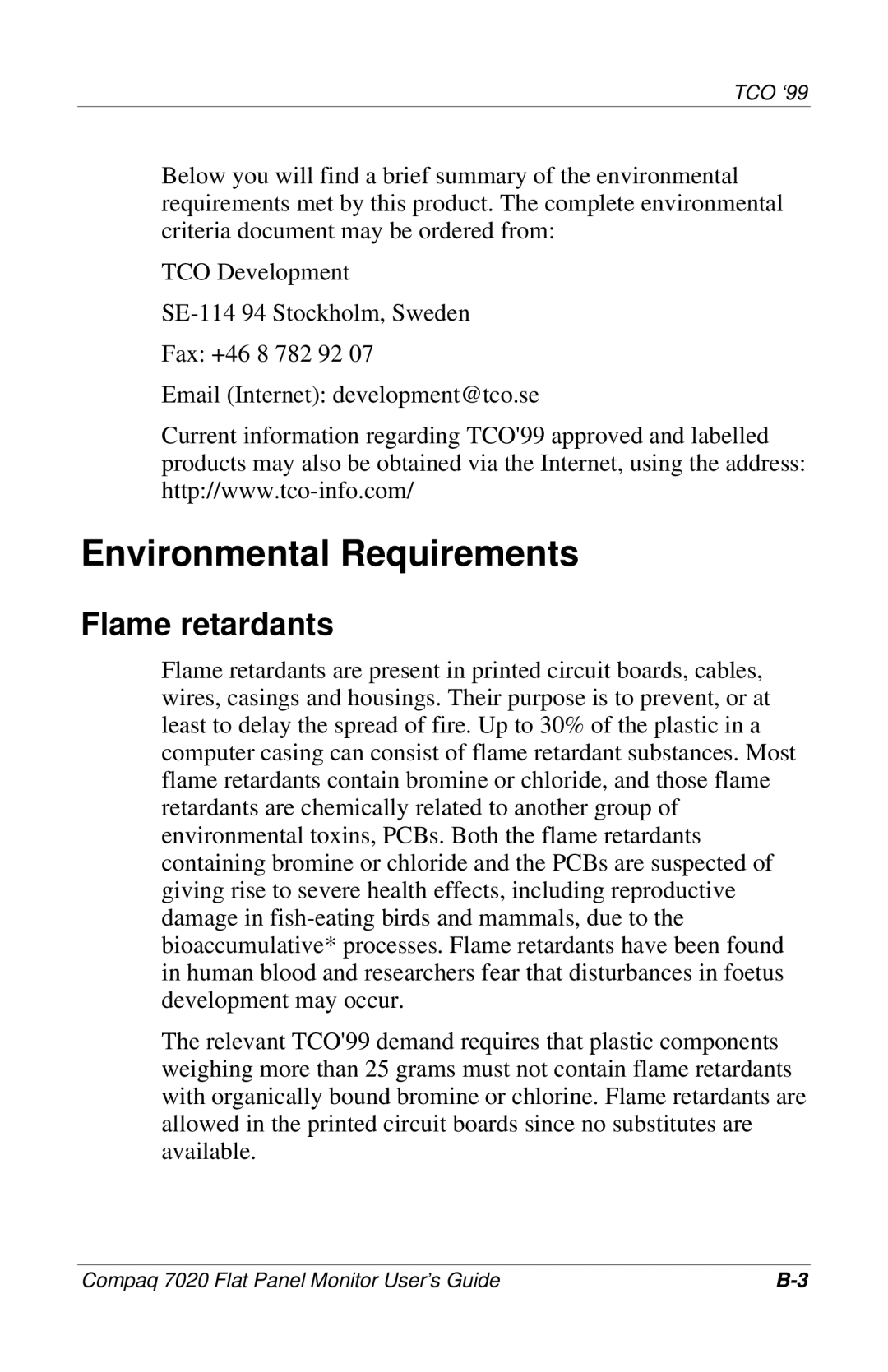 Compaq 7020 manual Environmental Requirements, Flame retardants 