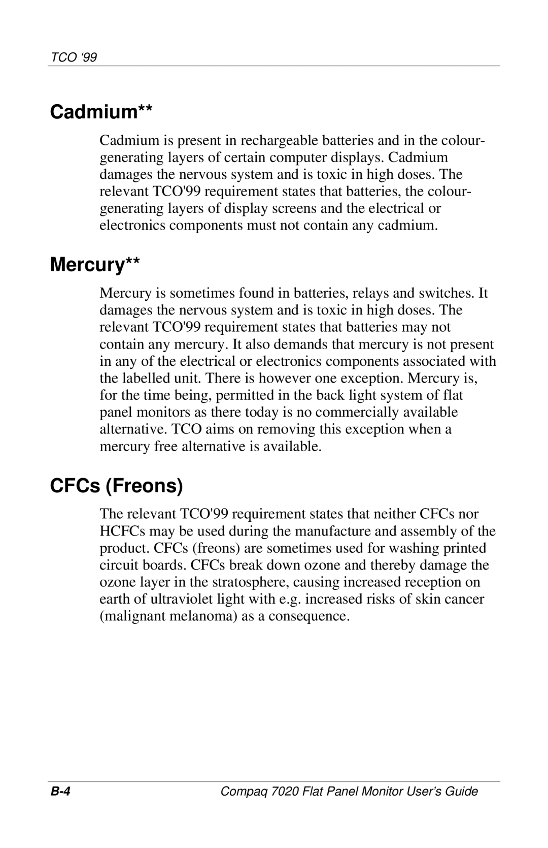 Compaq 7020 manual Cadmium, Mercury, CFCs Freons 