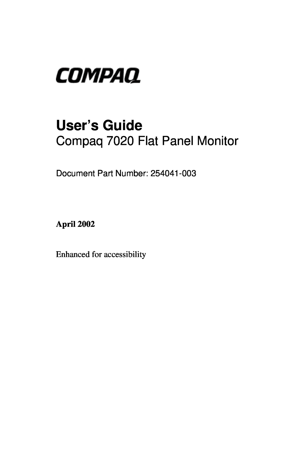Compaq manual April, User’s Guide, Compaq 7020 Flat Panel Monitor, Document Part Number 