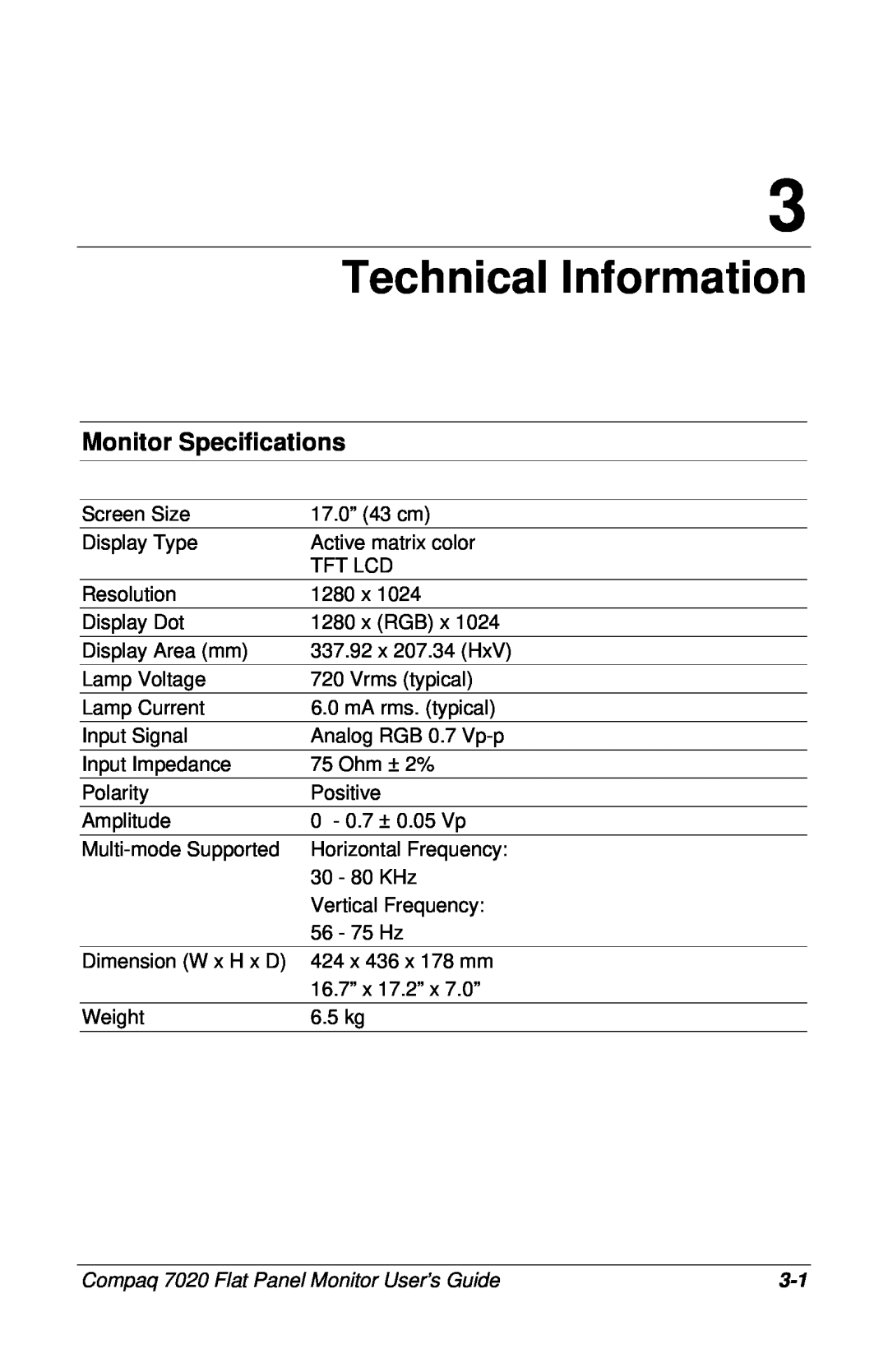 Compaq manual Technical Information, Monitor Specifications, Compaq 7020 Flat Panel Monitor User’s Guide 