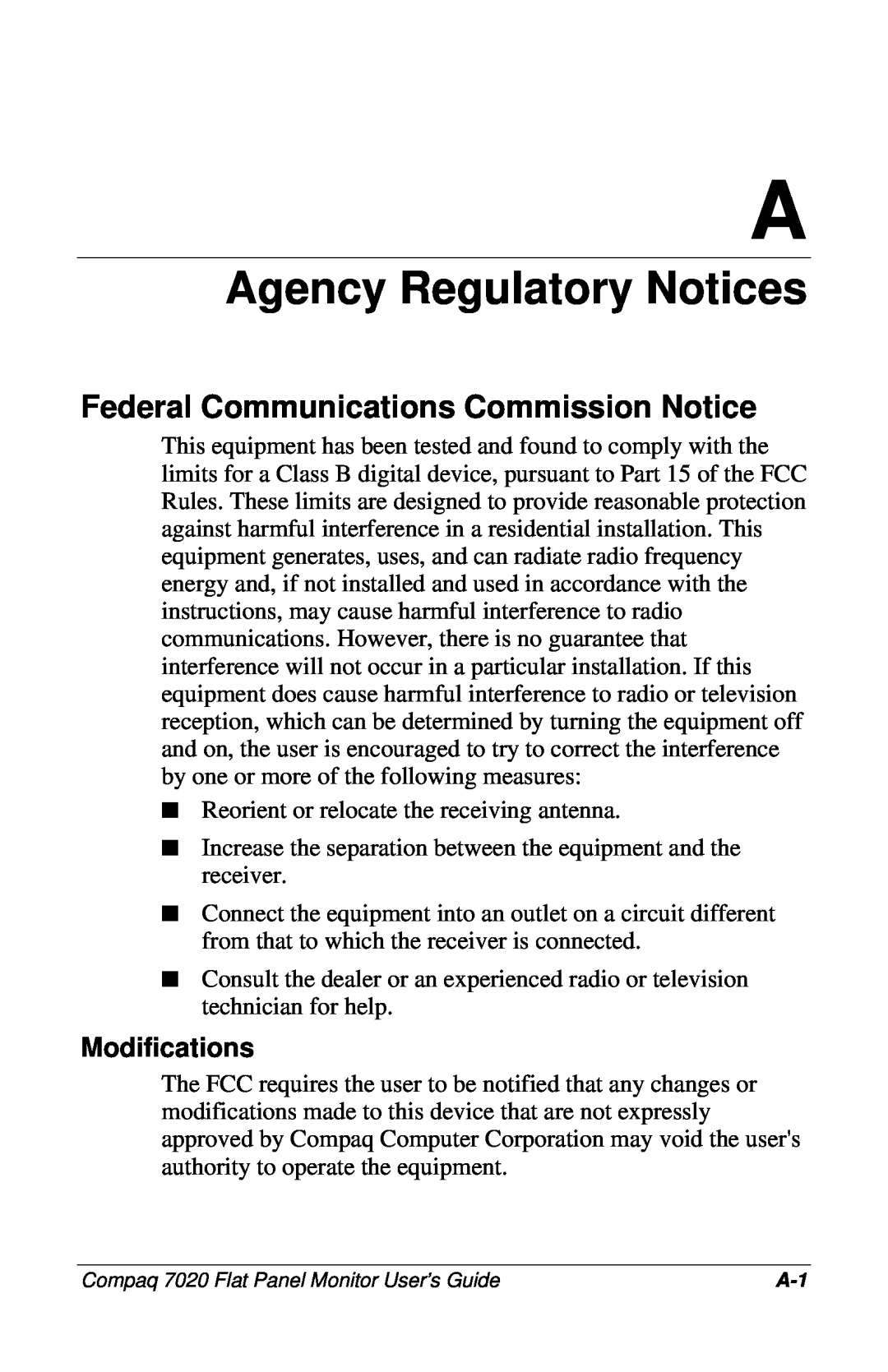 Compaq 7020 manual Agency Regulatory Notices, Federal Communications Commission Notice, Modifications 