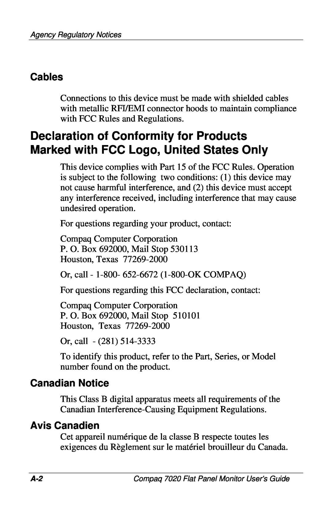 Compaq 7020 manual Cables, Canadian Notice, Avis Canadien 