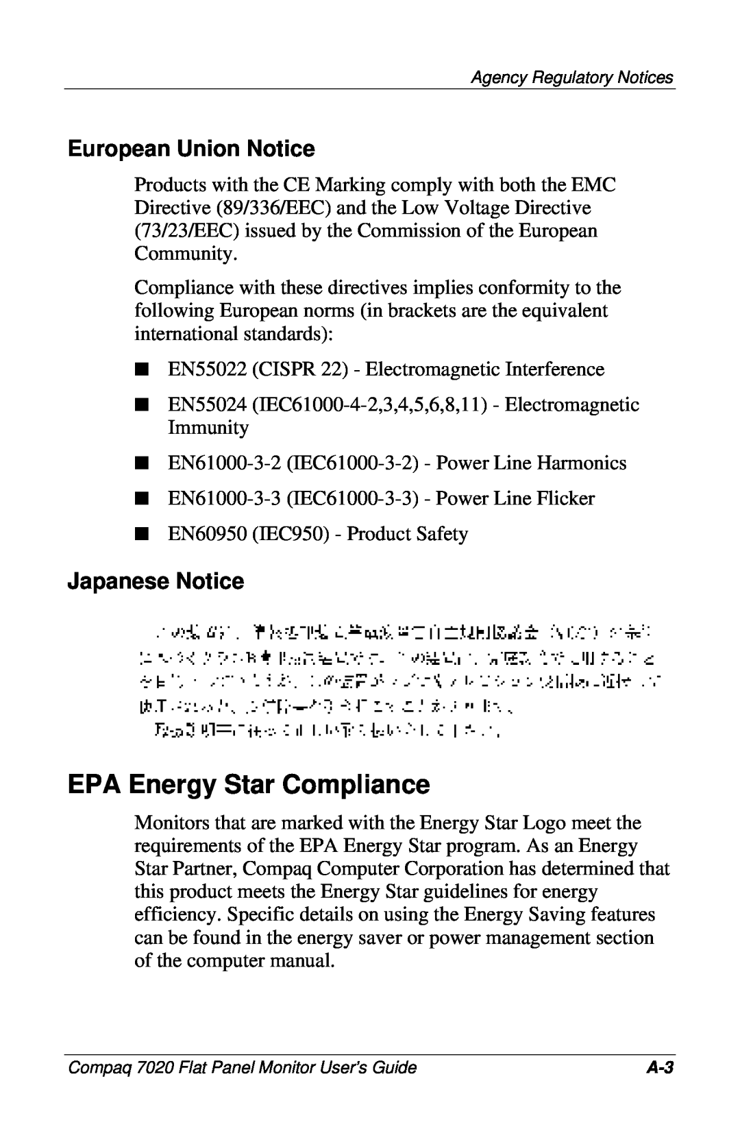 Compaq 7020 manual EPA Energy Star Compliance, European Union Notice, Japanese Notice 