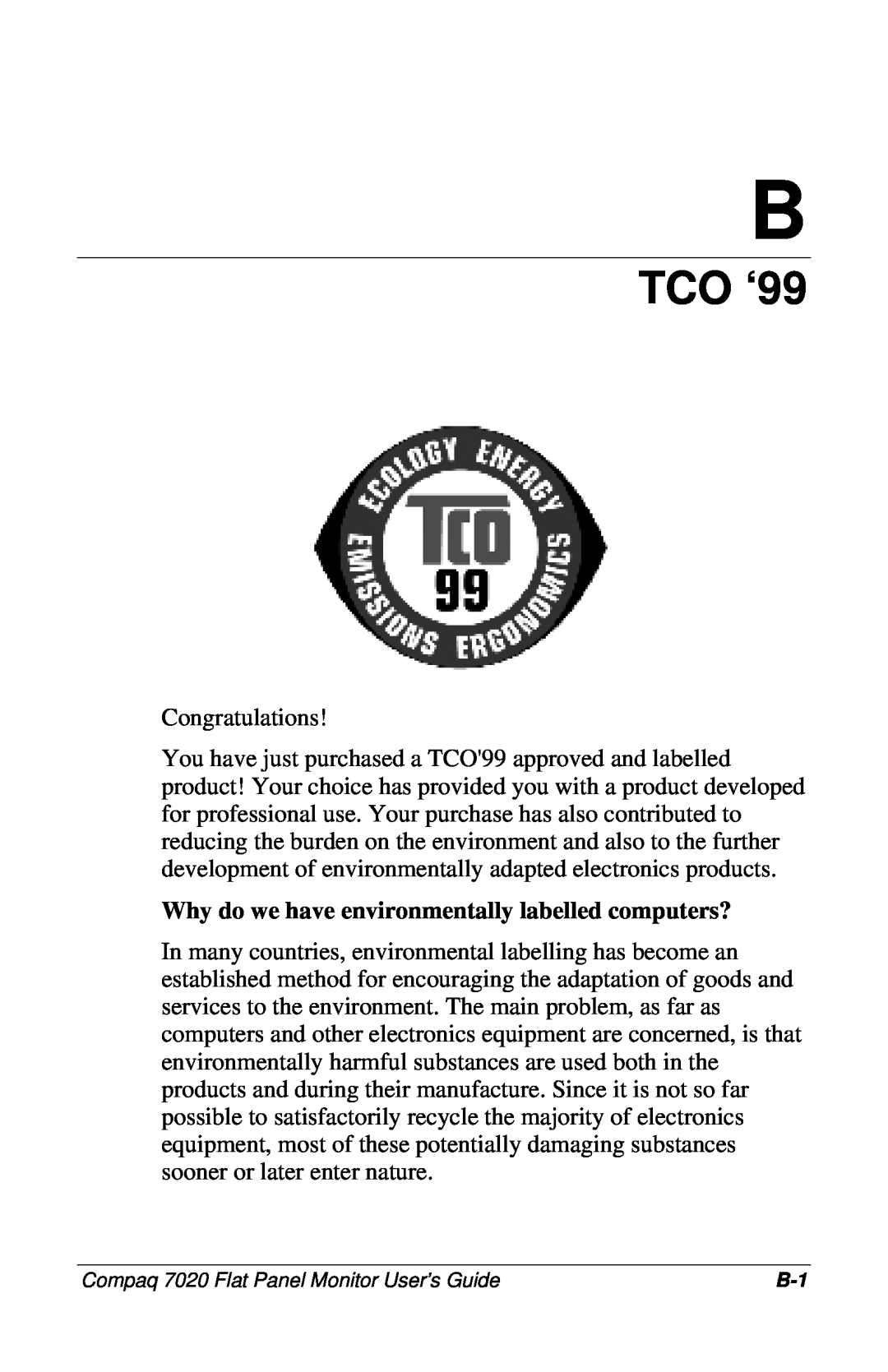 Compaq 7020 manual TCO ‘99, Why do we have environmentally labelled computers? 