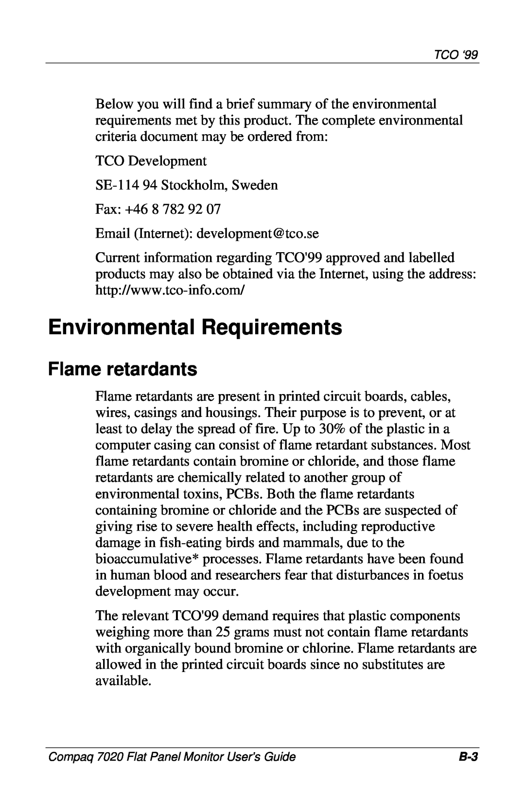 Compaq 7020 manual Environmental Requirements, Flame retardants 