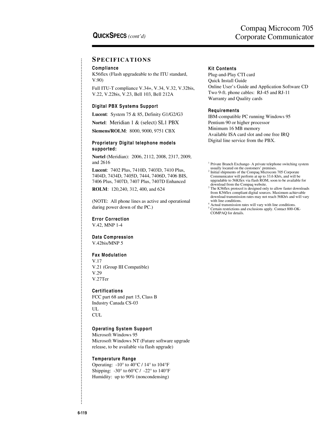 Compaq 705 warranty Specification S 