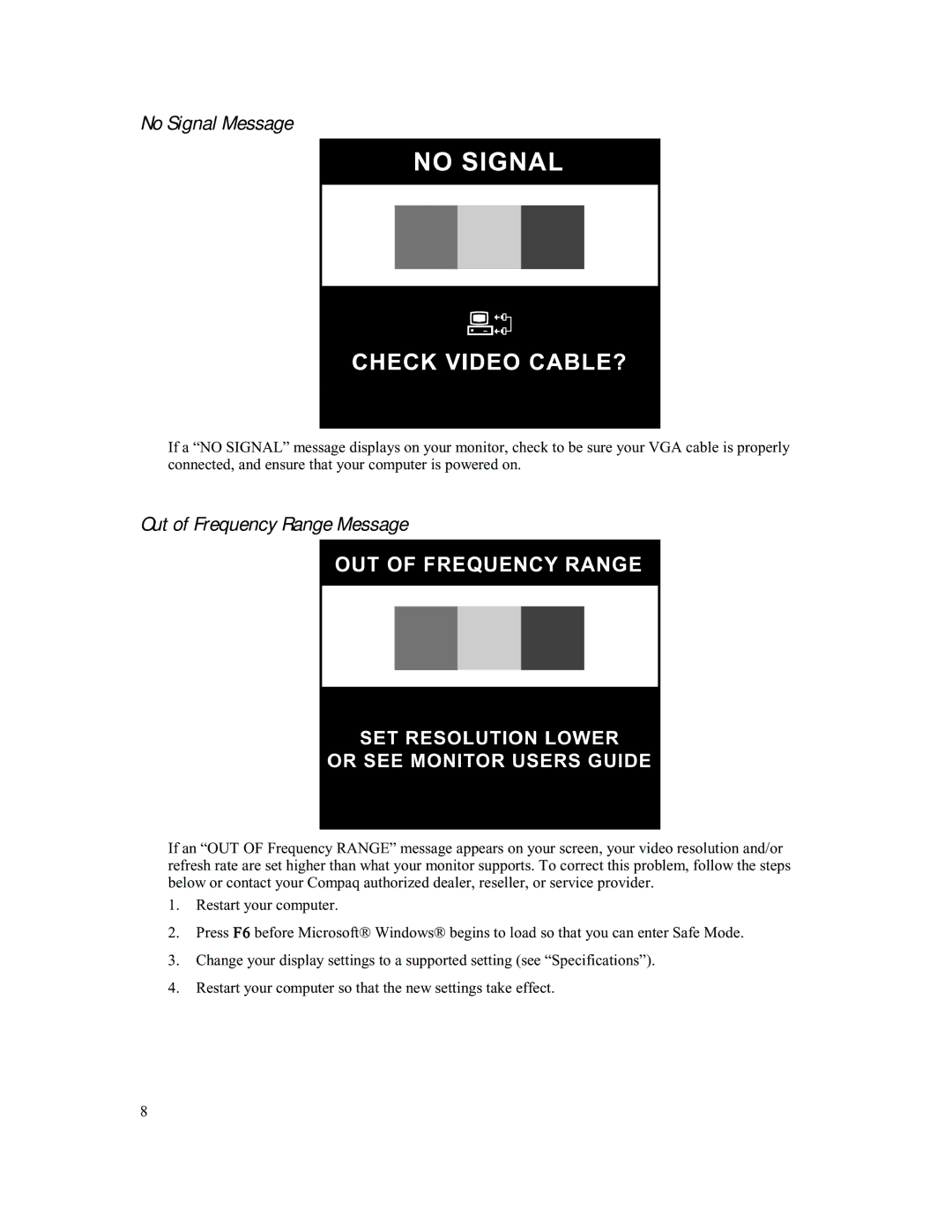 Compaq 740 manual No Signal Message, Out of Frequency Range Message 