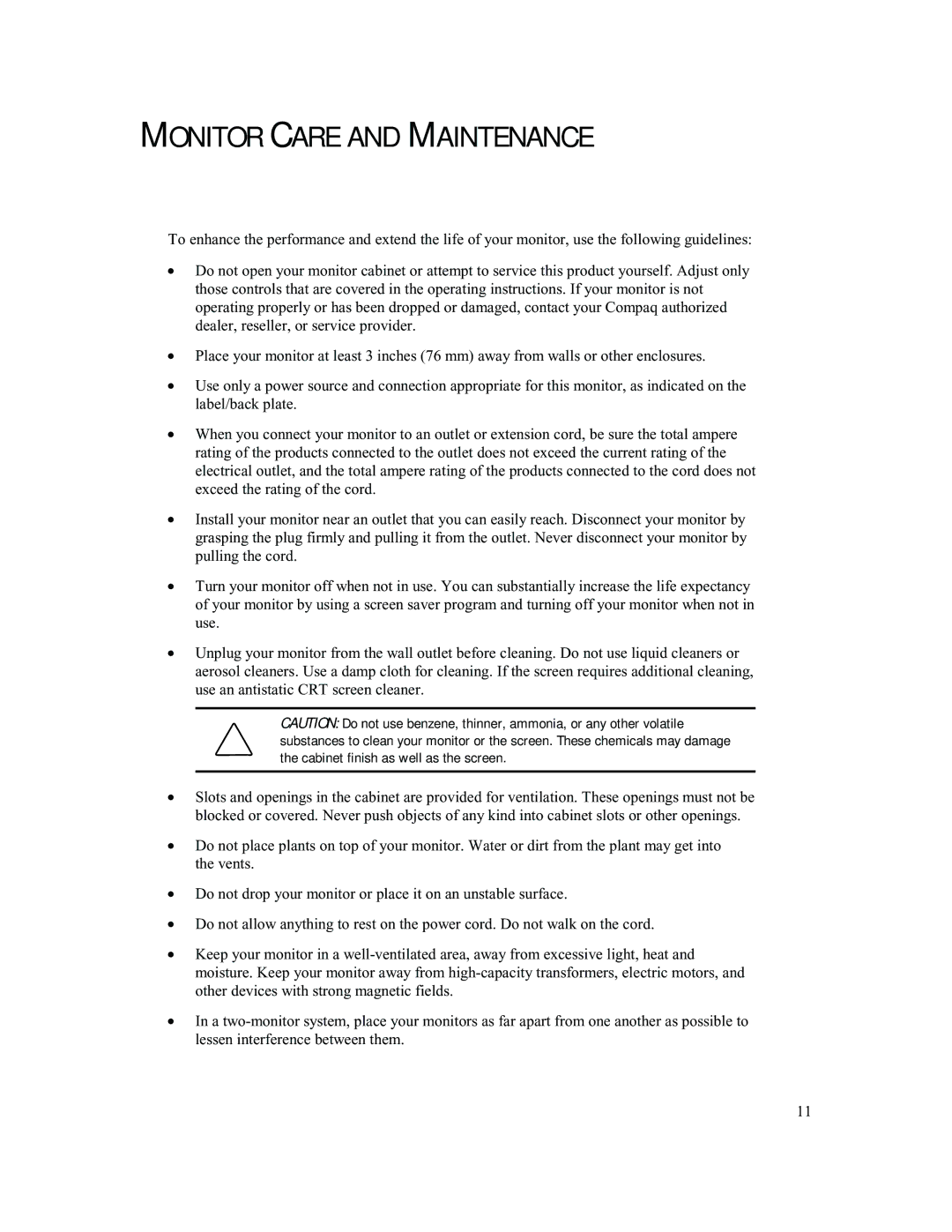 Compaq 740 manual Monitor Care and Maintenance 