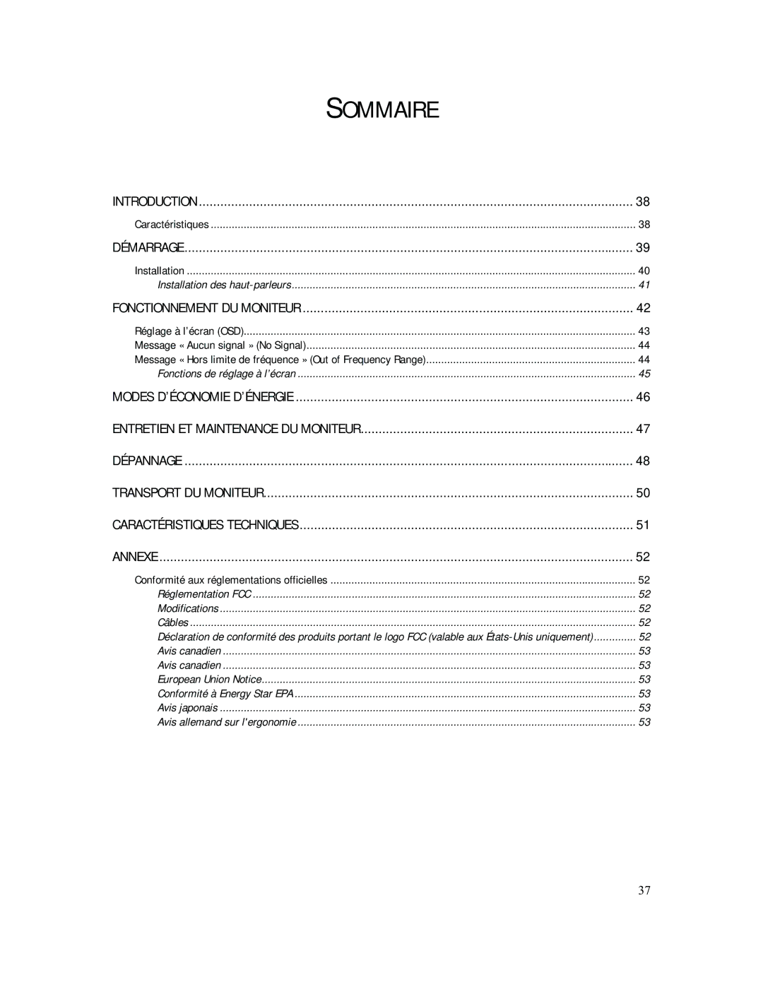 Compaq 740 manual Sommaire, Caractéristiques, Réglage à l’écran OSD Message « Aucun signal » No Signal 