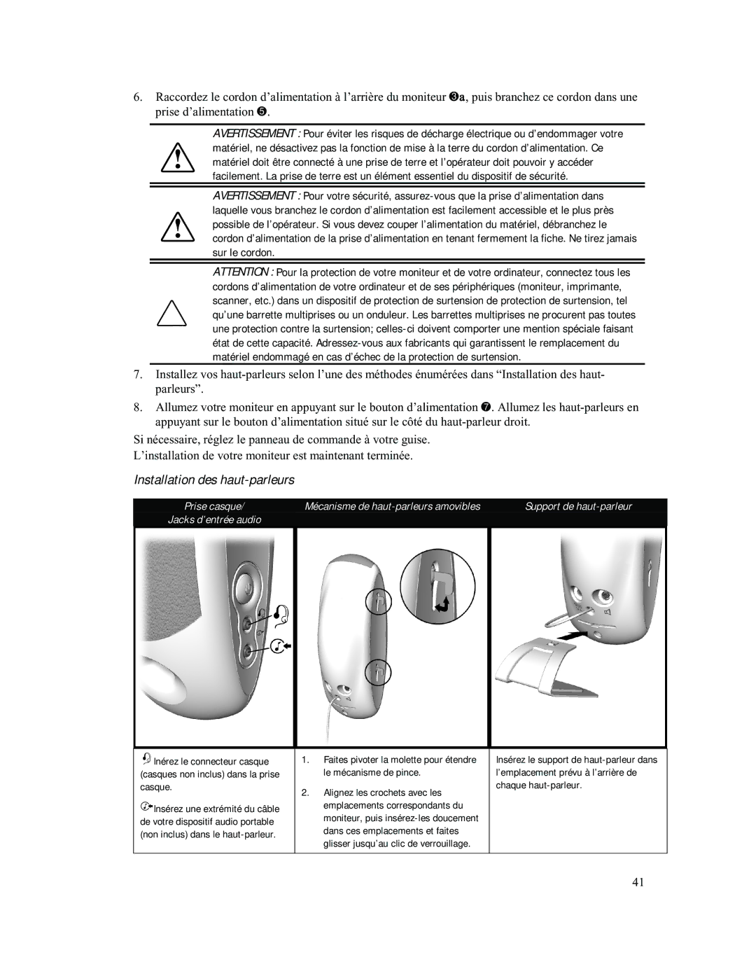 Compaq 740 Installation des haut-parleurs, Le mécanisme de pince, Casque Alignez les crochets avec les Chaque haut-parleur 