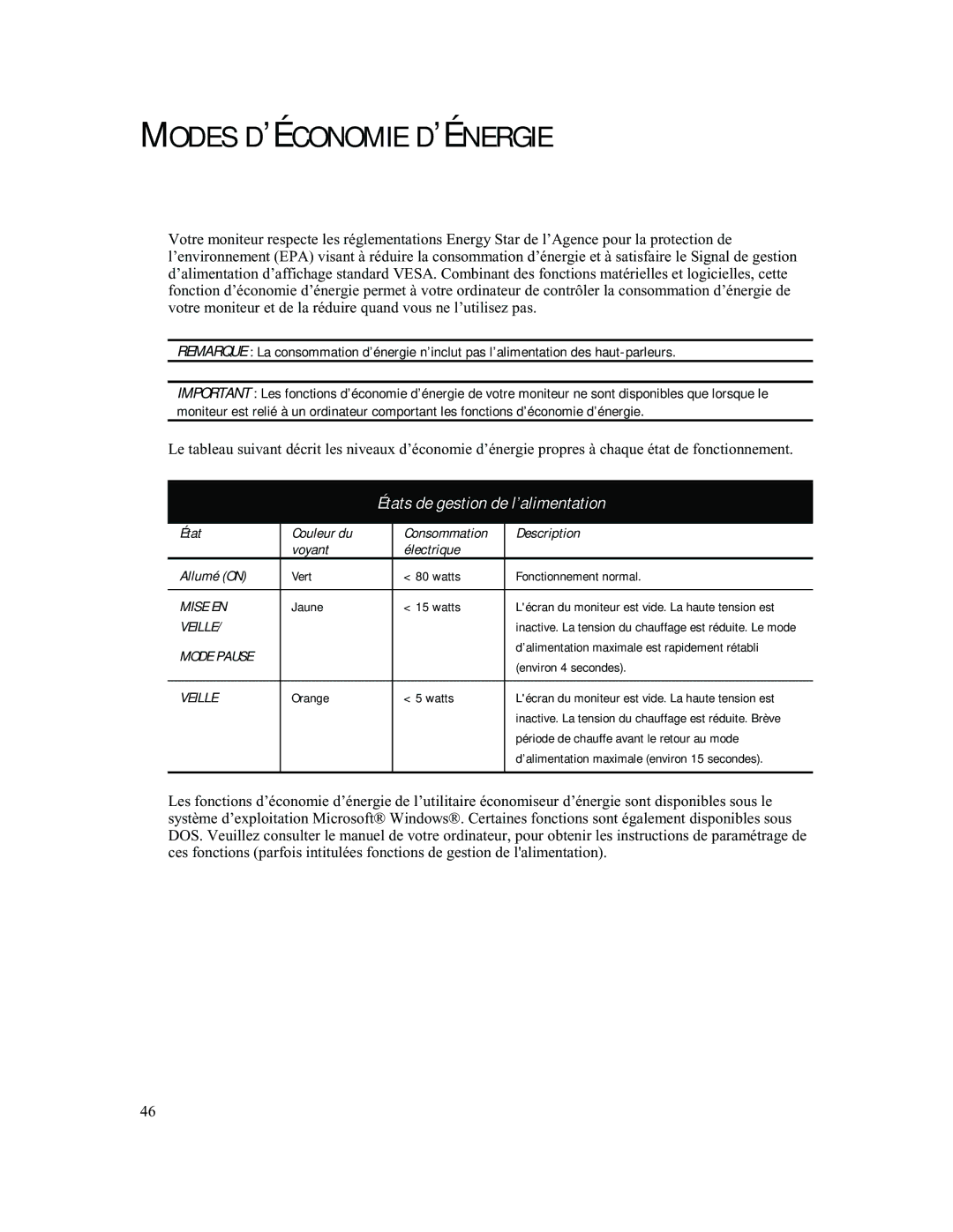 Compaq 740 manual Modes D’ÉCONOMIE D’ÉNERGIE, États de gestion de l’alimentation 