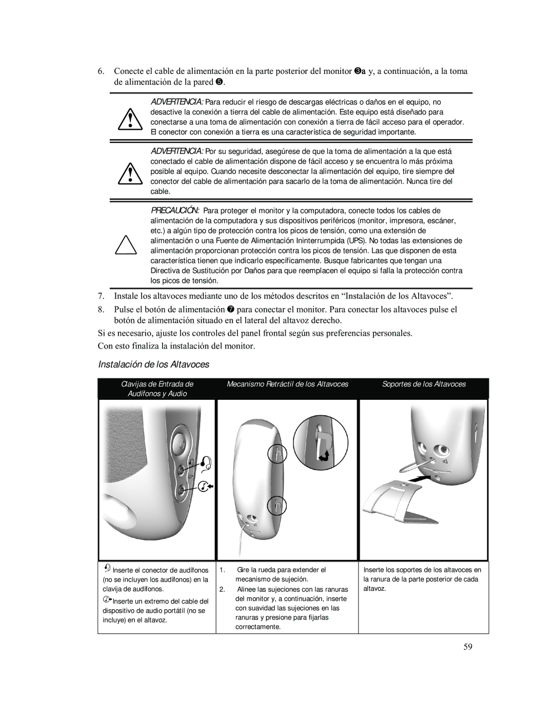 Compaq 740 manual Instalación de los Altavoces, Gire la rueda para extender el, Mecanismo de sujeción, Clavija de audífonos 