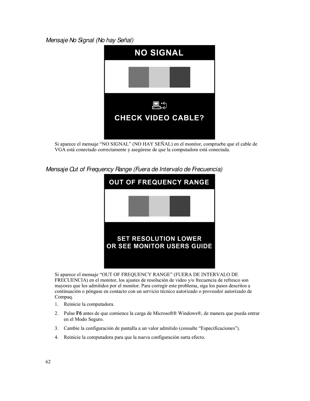 Compaq 740 manual Mensaje No Signal No hay Señal 