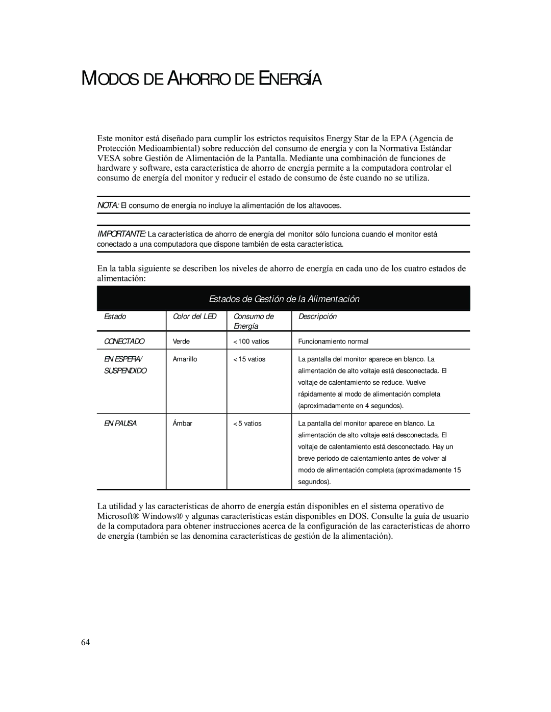 Compaq 740 manual Modos DE Ahorro DE Energía, Estados de Gestión de la Alimentación 