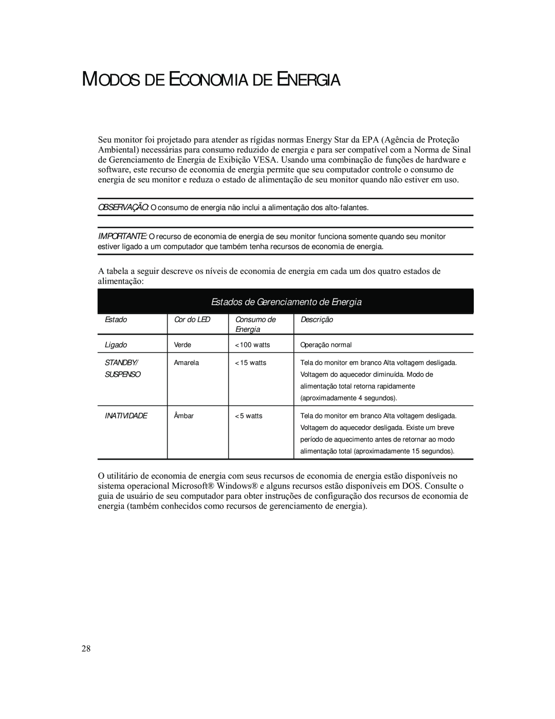 Compaq 740 manual Modos De Economia De Energia, Estados de Gerenciamento de Energia 