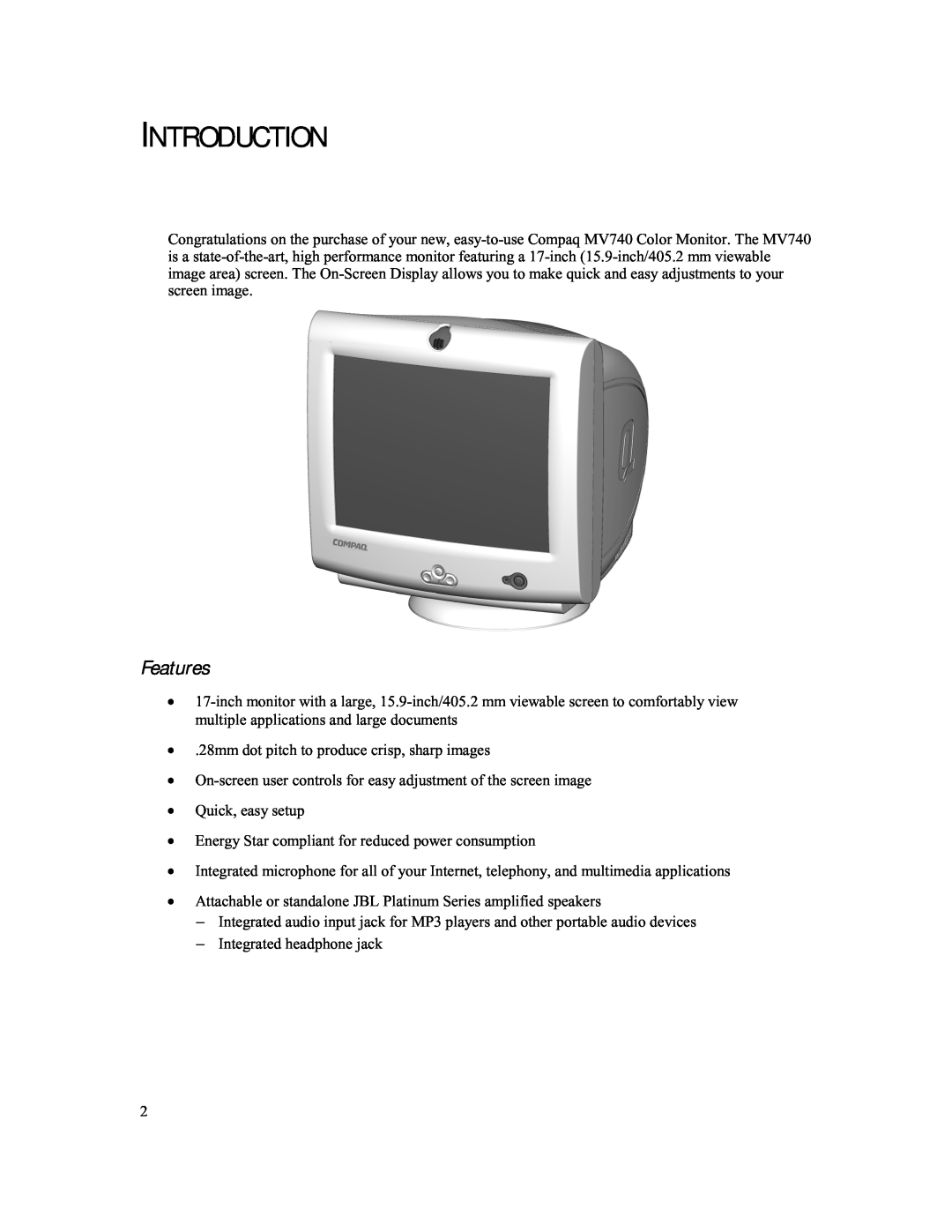 Compaq 740 manual Introduction, Features 