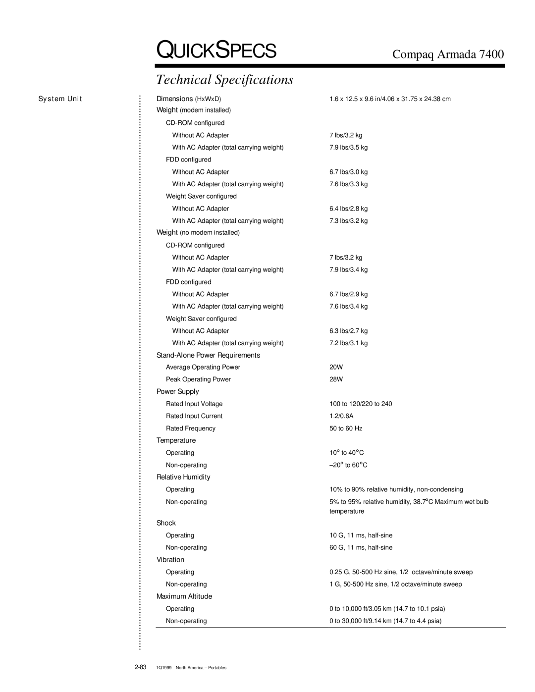 Compaq 7400 warranty Technical Specifications 