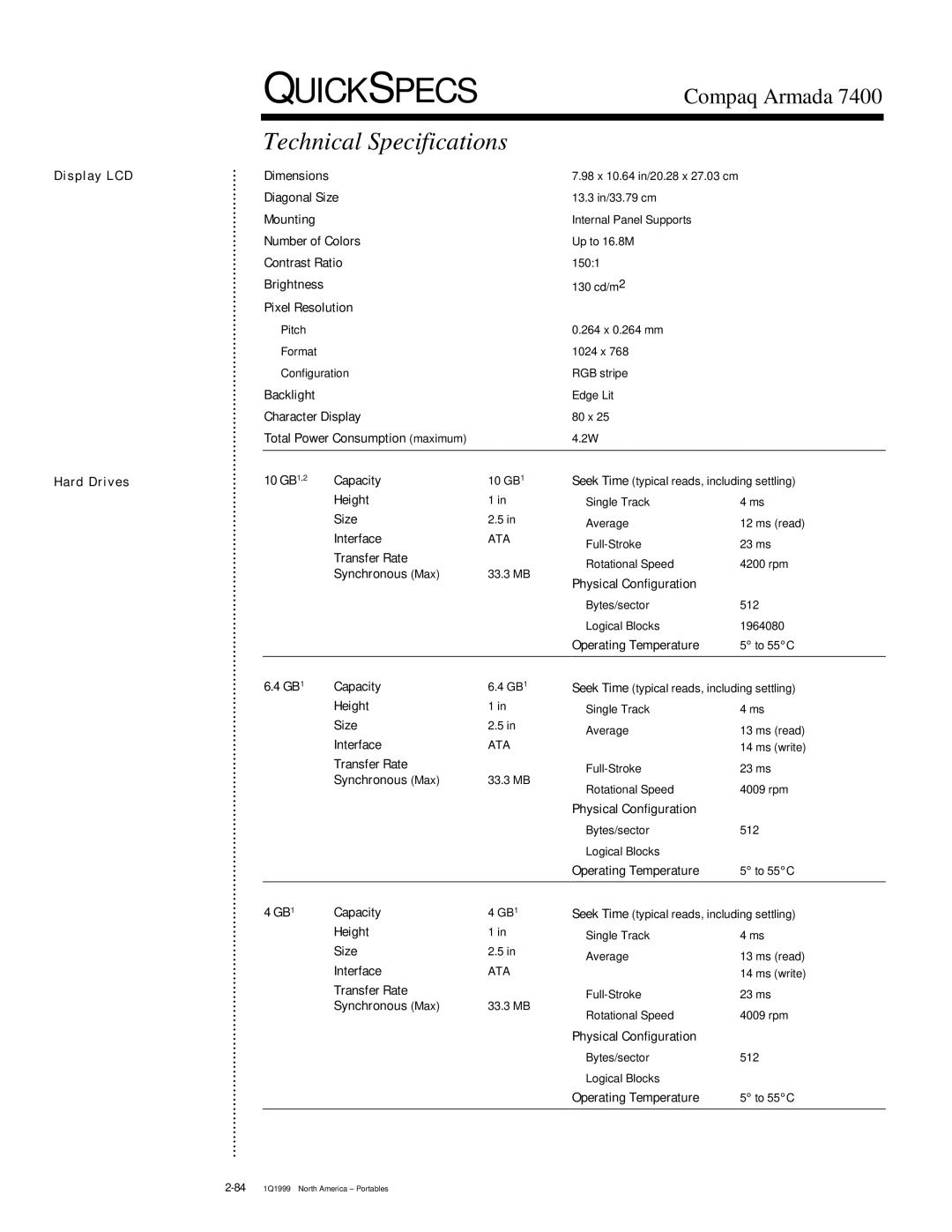 Compaq 7400 Display LCD Hard Drives, Dimensions, Diagonal Size, Mounting, Number of Colors, Contrast Ratio, Brightness 