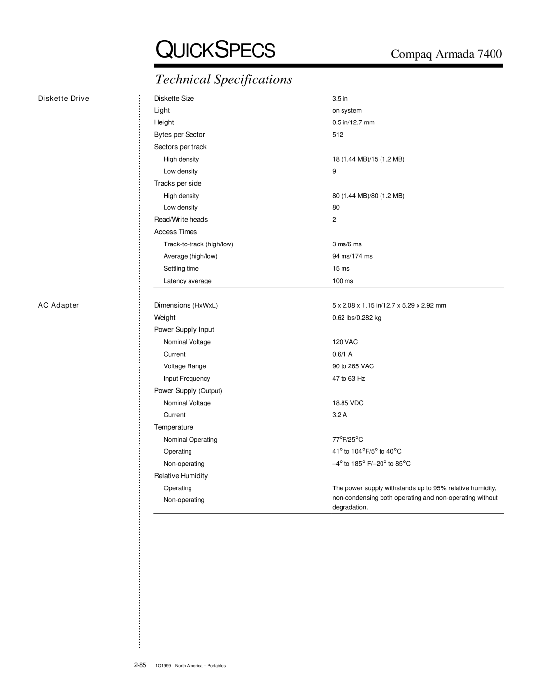 Compaq 7400 Diskette Drive AC Adapter, Diskette Size Light, Bytes per Sector, Sectors per track, Tracks per side, Weight 