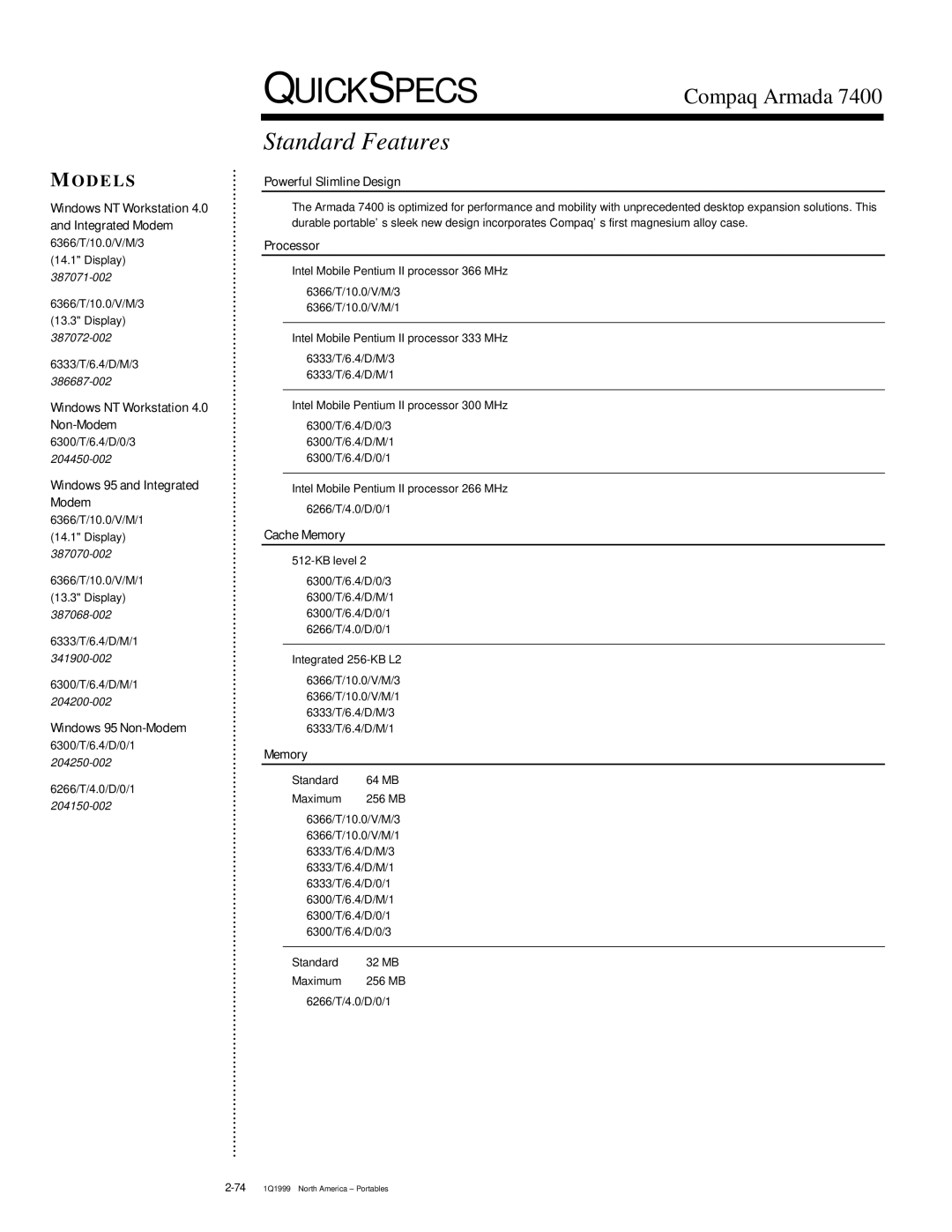 Compaq 7400 warranty Standard Features, D E L S 