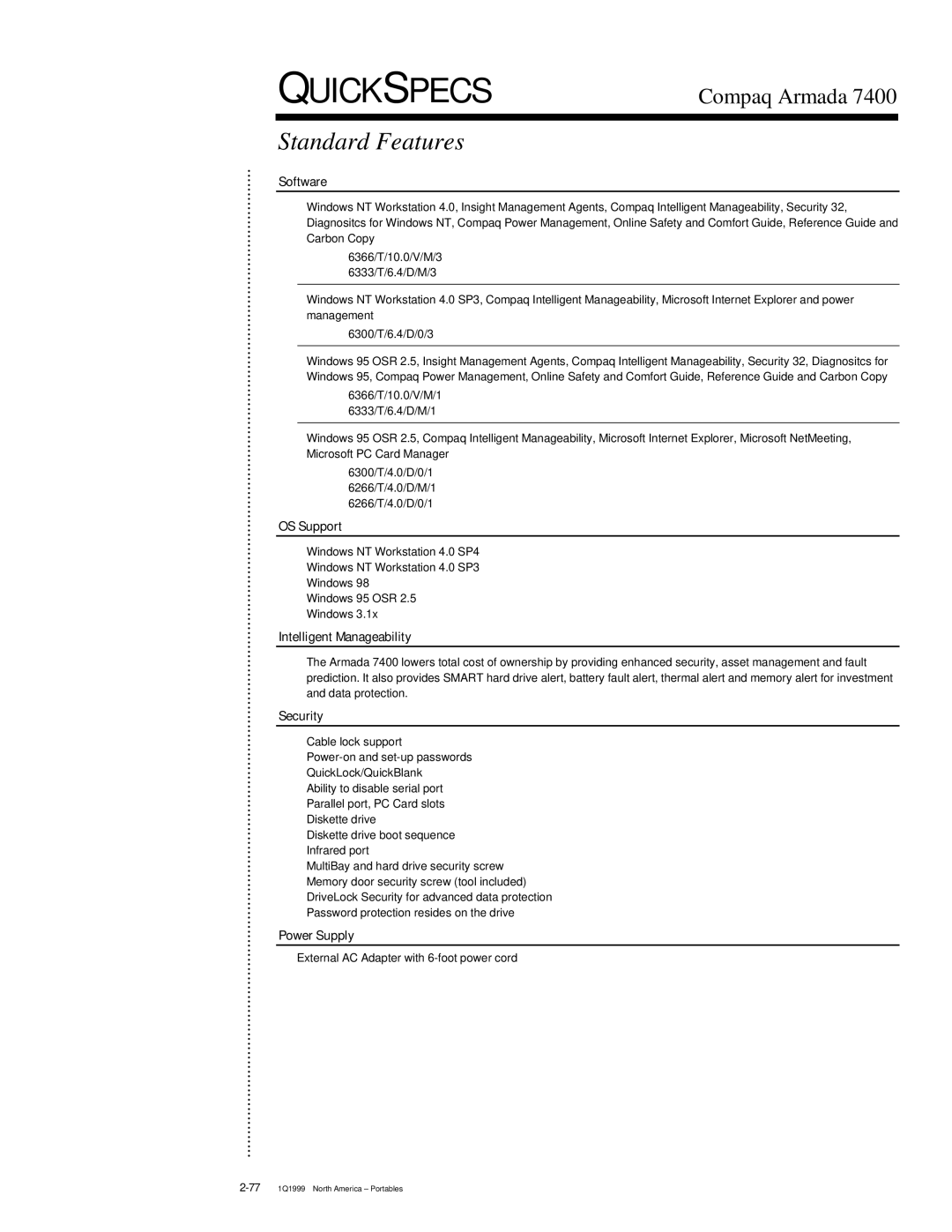 Compaq 7400 warranty Software, OS Support, Intelligent Manageability, Security, Power Supply 