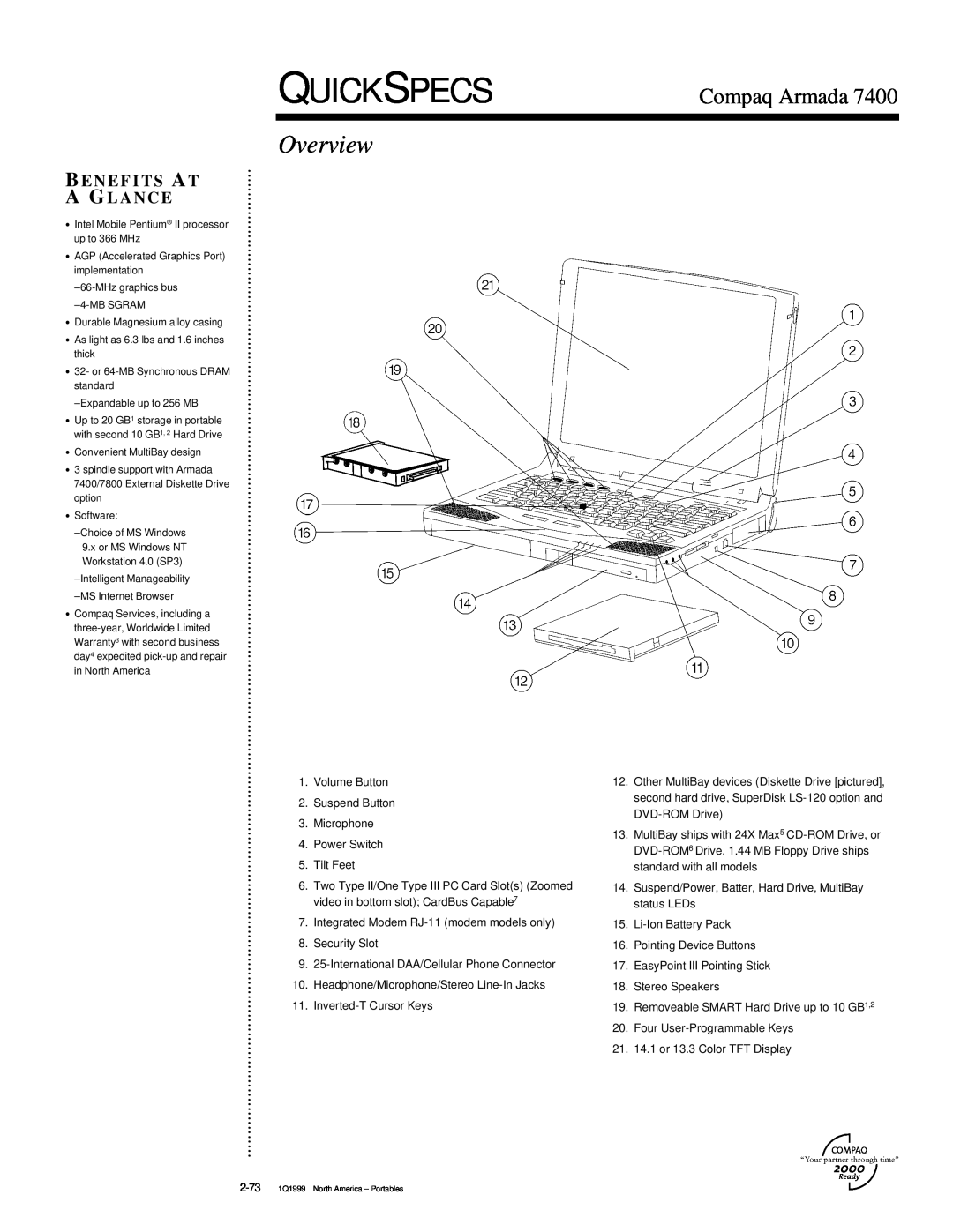 Compaq 7400 warranty Quickspecs, Overview, Compaq Armada, B E N E F I T S A T A G L A N C E 