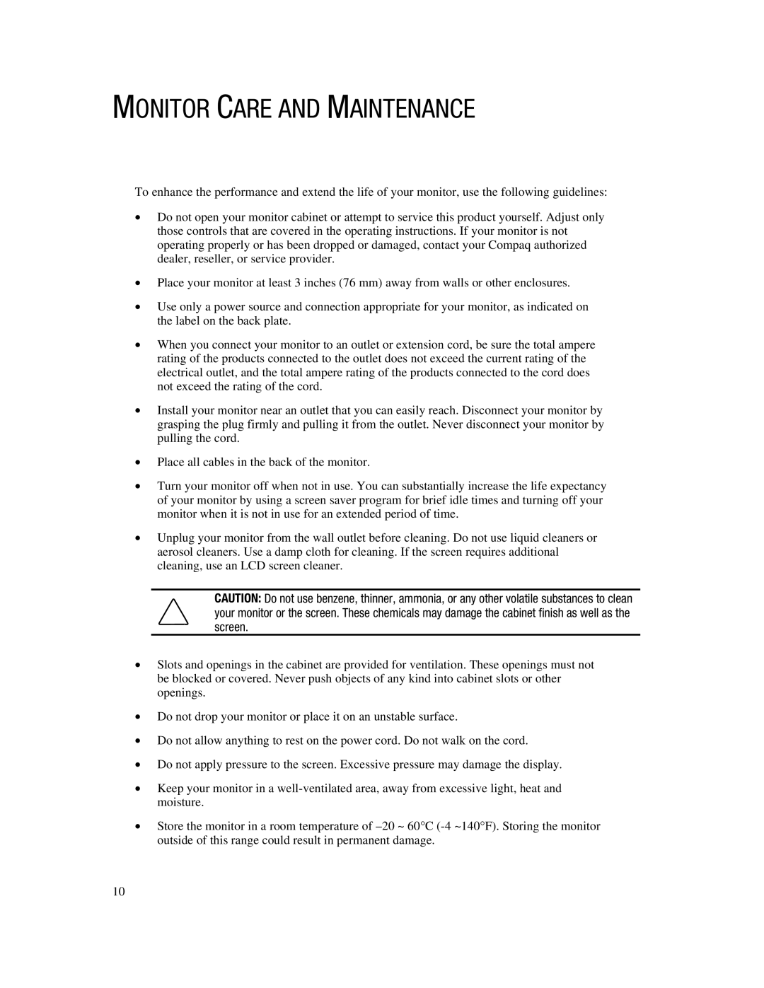 Compaq 745A manual Monitor Care and Maintenance 