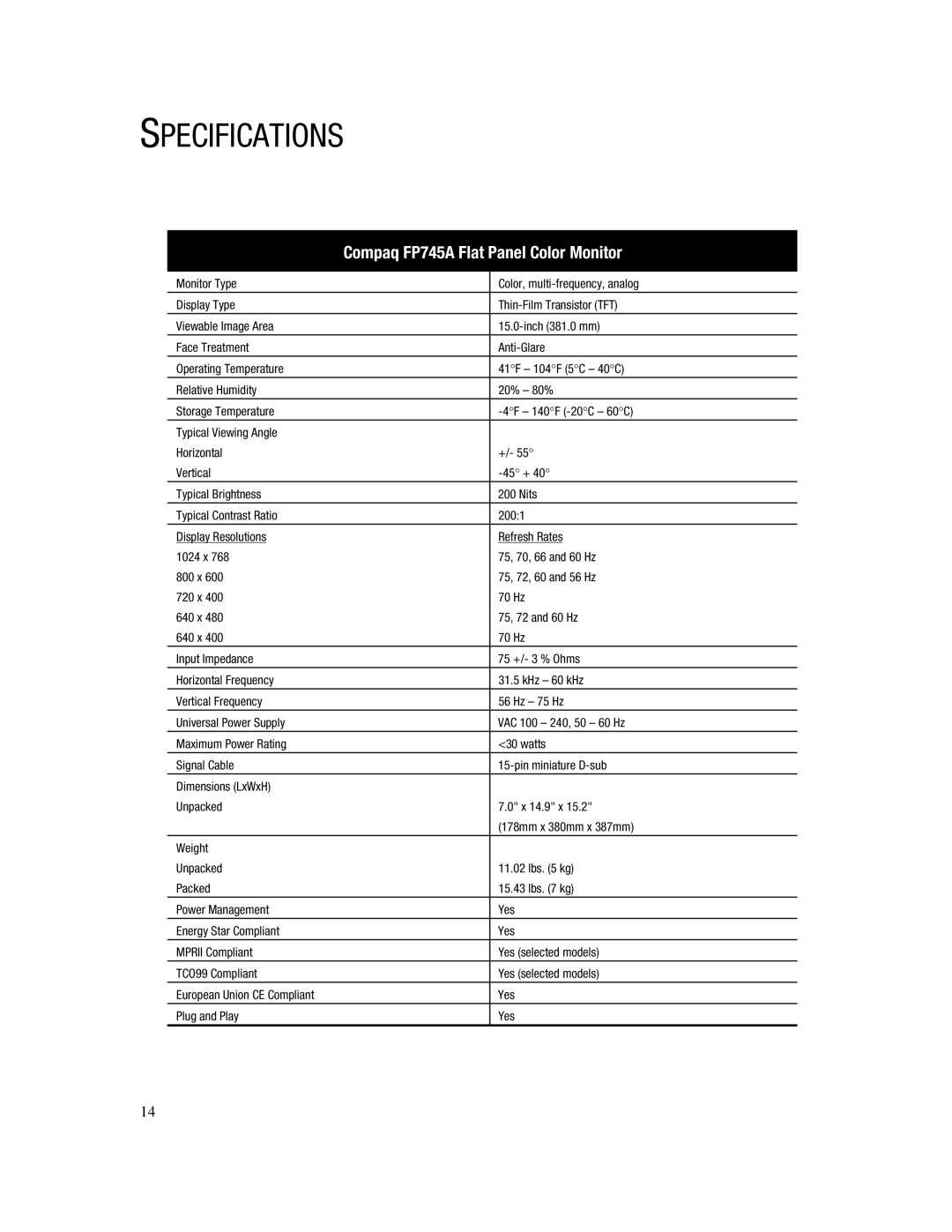 Compaq manual Specifications, Compaq FP745A Flat Panel Color Monitor 